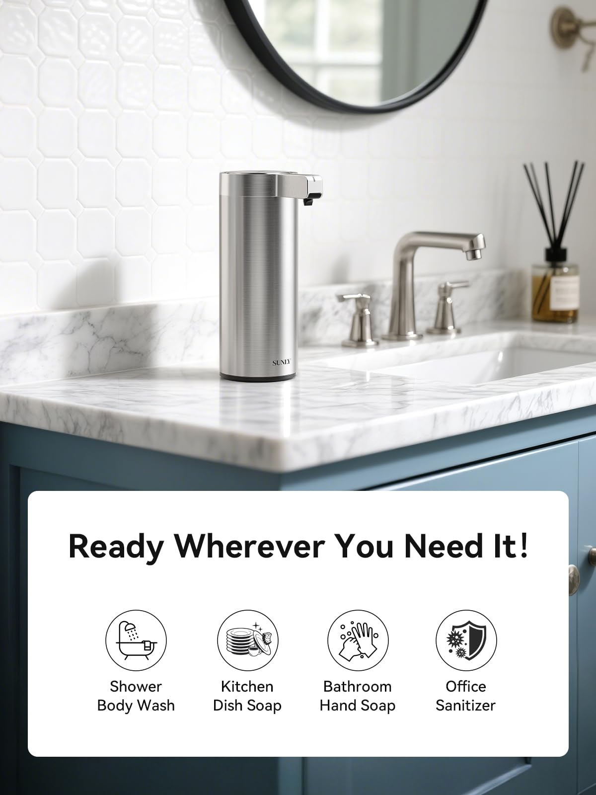 SUNLY Touchless Automatic Soap Dispenser – Clog-Free Pump, 0.2s Fast Sensor, USB-C Rechargeable, Smudge-Resistant Stainless Steel, for Kitchen & Bathroom Soap Dispenser, Satin Silver