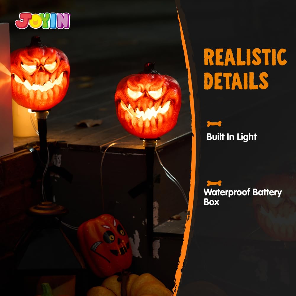 JOYIN 3 Pcs Halloween Outdoor Decorations Jack O Lantern Pumpkin Pathway Lights, Light-up Halloween Waterproof Path Maker Stakes for Graveyard Decoration Party Porch Yard Lawn Garden Decor