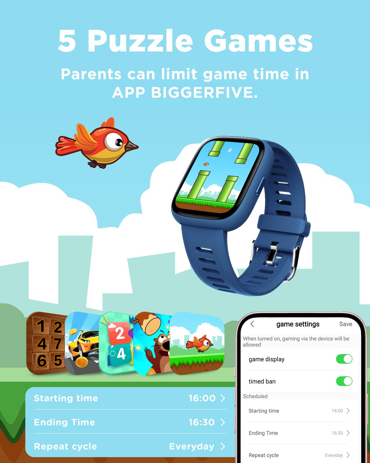 BIGGERFIVE Smart Watch for Kids, 1.8" Fitness Tracker Watch Pedometer, Heart Rate, IP68 Waterproof, Sleep Monitor, Calorie Step Counter, 5 Puzzle Games with/Without APP for Girls Boys Teens 5-16
