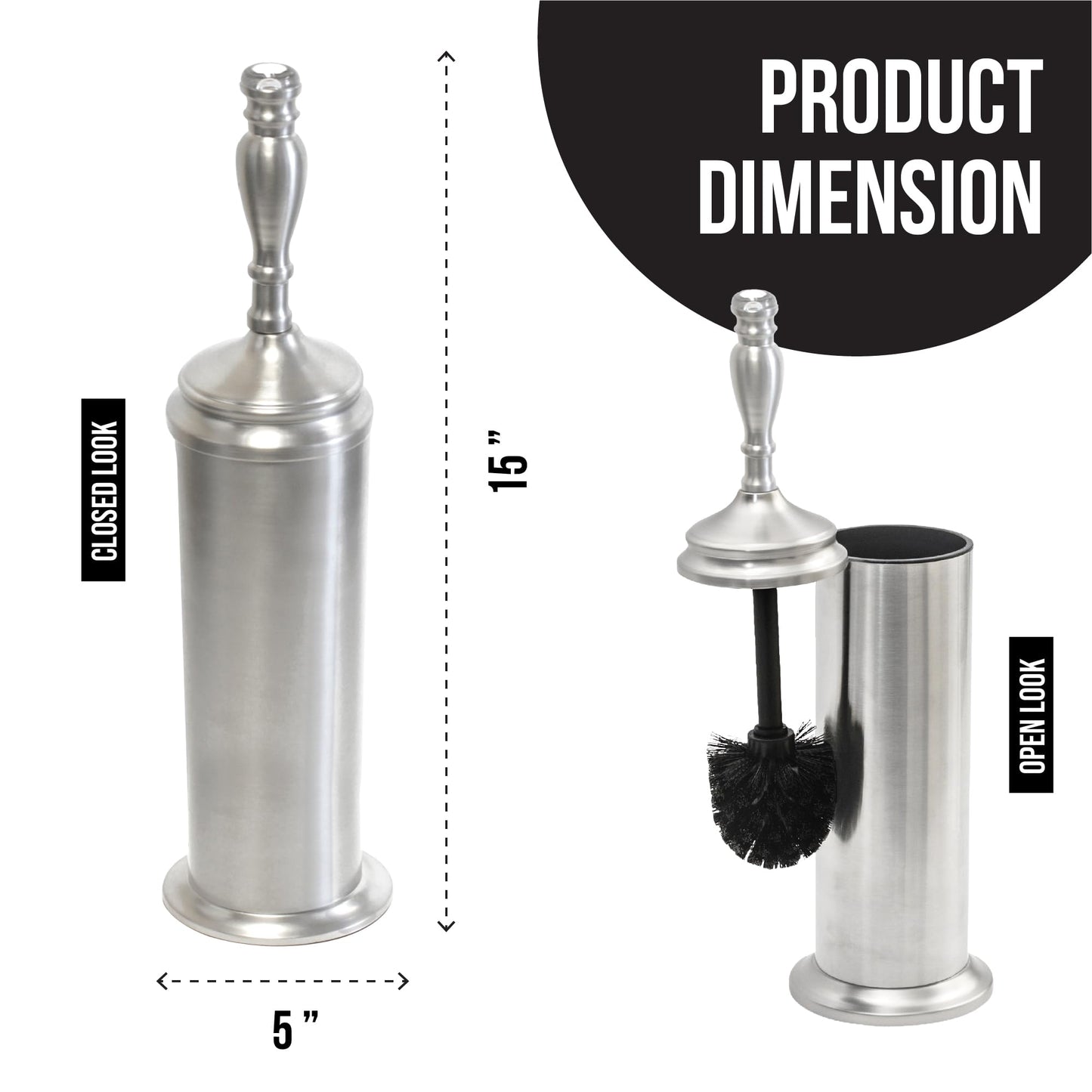 Splash Home Buena Stainless Steel Toilet Brush and Holder Set Bathroom, Hidden Toilet Bowl Brush Design with Durable Bristles for Deep Cleaning 5 x 5 x 15 inch - Chrome