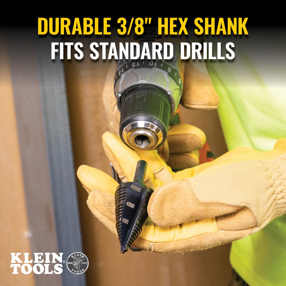 Klein Tools KTSB15 Step Drill Bit #15 Double Fluted 7/8 to 1-3/8-Inch with Easy-to-Read Step Markings and Targets, 3/8-Inch Hex Shank