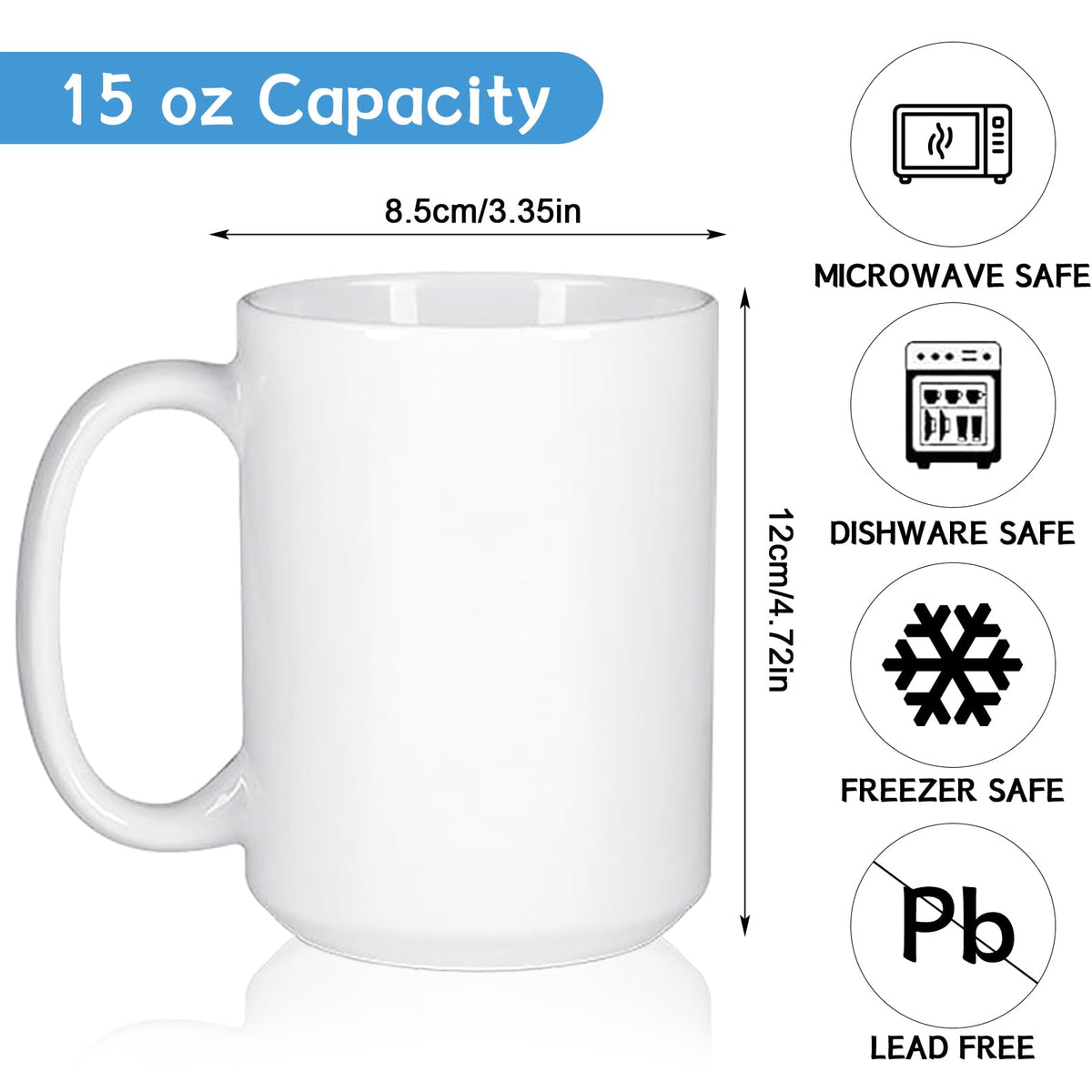 12 Pack Sublimation Mugs 15 oz, Blank White Ceramic Coffee Mugs for Heat Press, Sublimation Mug Blanks for DIY Photo Printing, Latte Cappuccino Tea Cups, Dishwasher Safe
