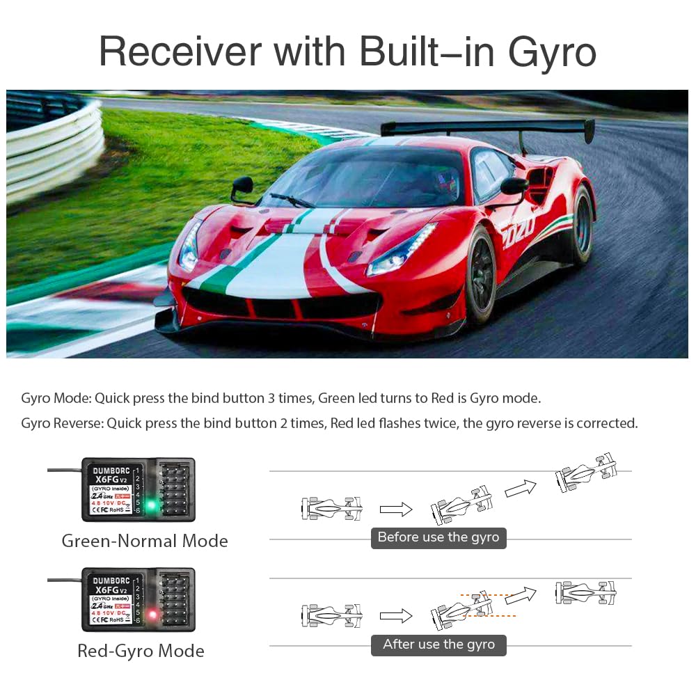 DUMBORC X6 2.4GHz 6CH RC Radio Transmitter and Receiver X6FG(Bulit in Gyro) with Fail-Safe & Low Voltage Alarm Function for Rc Vehicle Car Boat Tank Model Parts Remote Controller