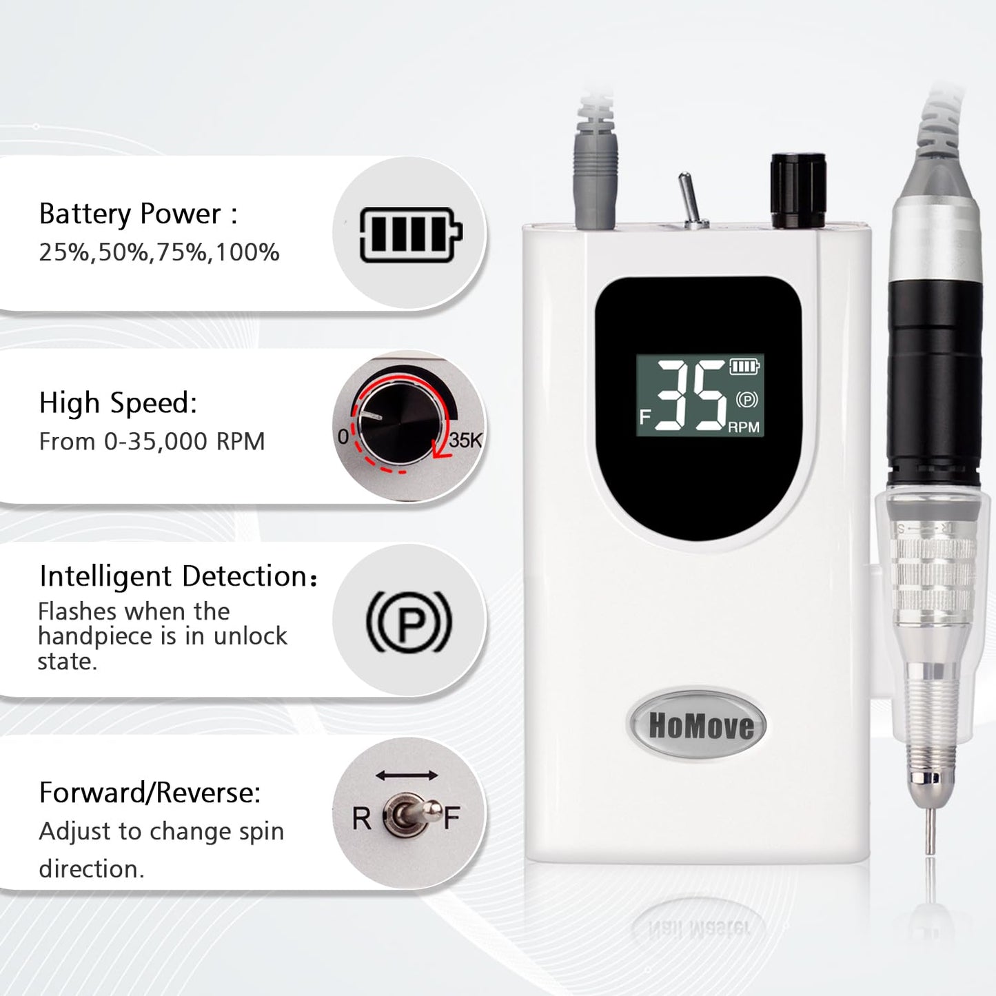 35000RPM Portable Nail Drill Machine, HoMove Professional Rechargeable Efile Nail Drill, Low Heat Electric Nail File for Acrylic Nail Natural Extension Poly Nail Gel