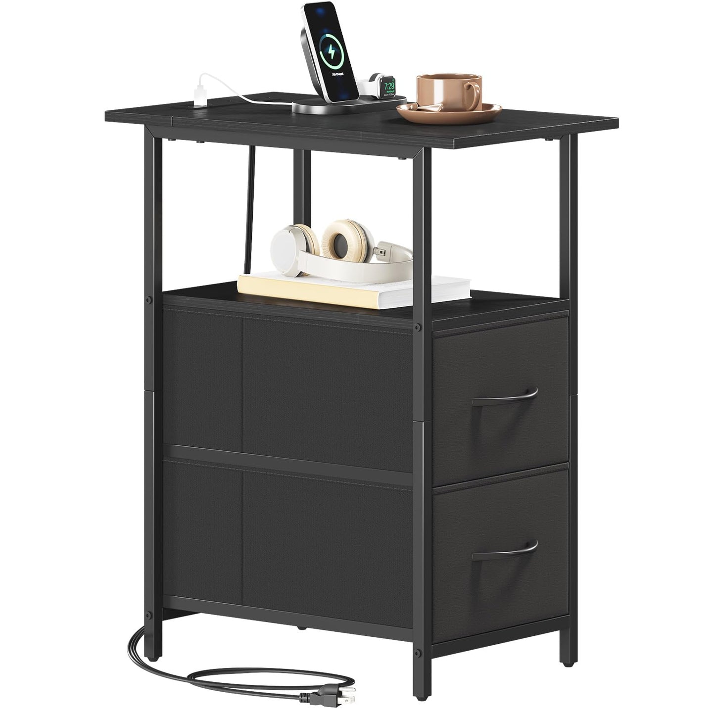 Somdot Narrow End Table with Charging Station, 24.4" Tall Side Table with 2 Fabric Drawers, Skinny Nightstand for Small Spaces, Living Room, Bedroom, Black