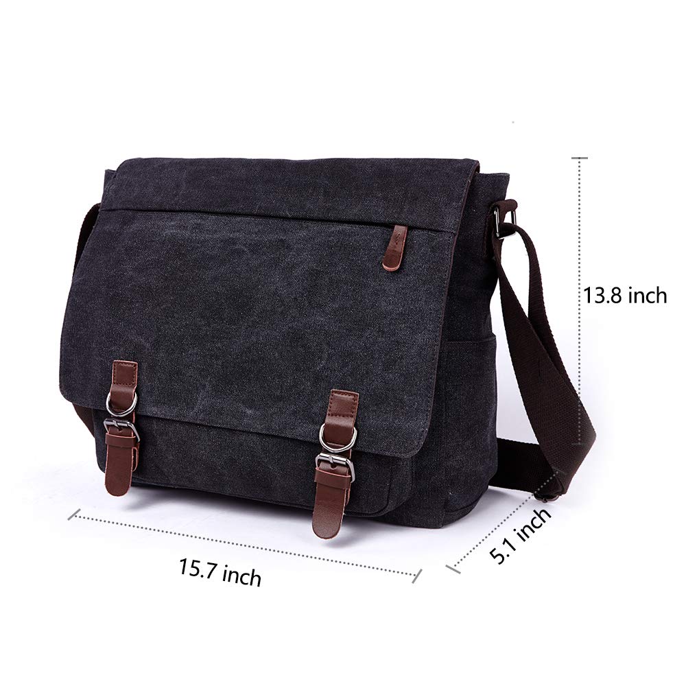 TELOSPORTS Large Canvas Messenger Shoulder Bag Multi-Pocket Crossbody Bags Vintage Business Bag for 15 Inch Laptop (black)