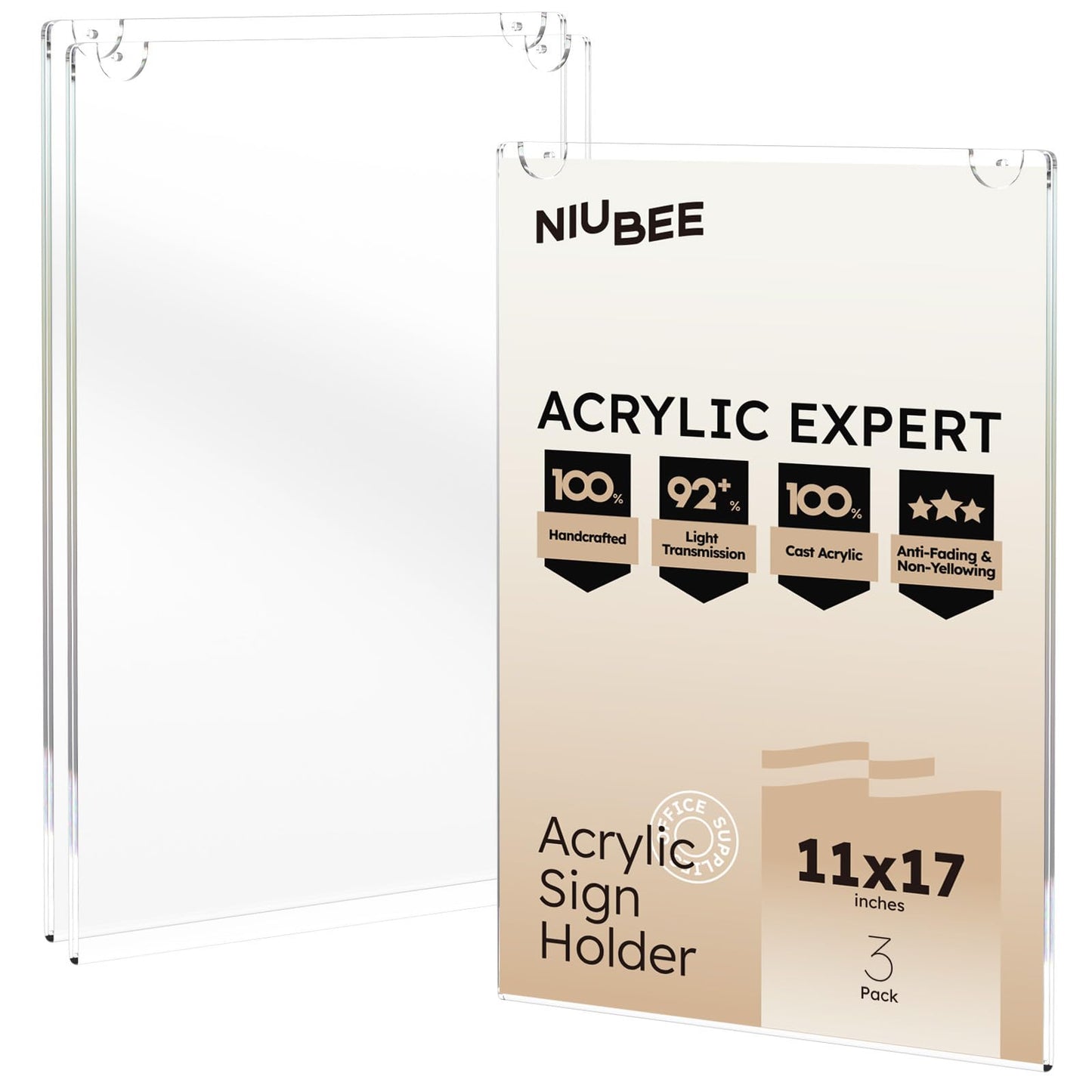 NIUBEE 11x17 Acrylic Wall Sign Holder Vertical, Clear Plastic Poster Frame for Paper