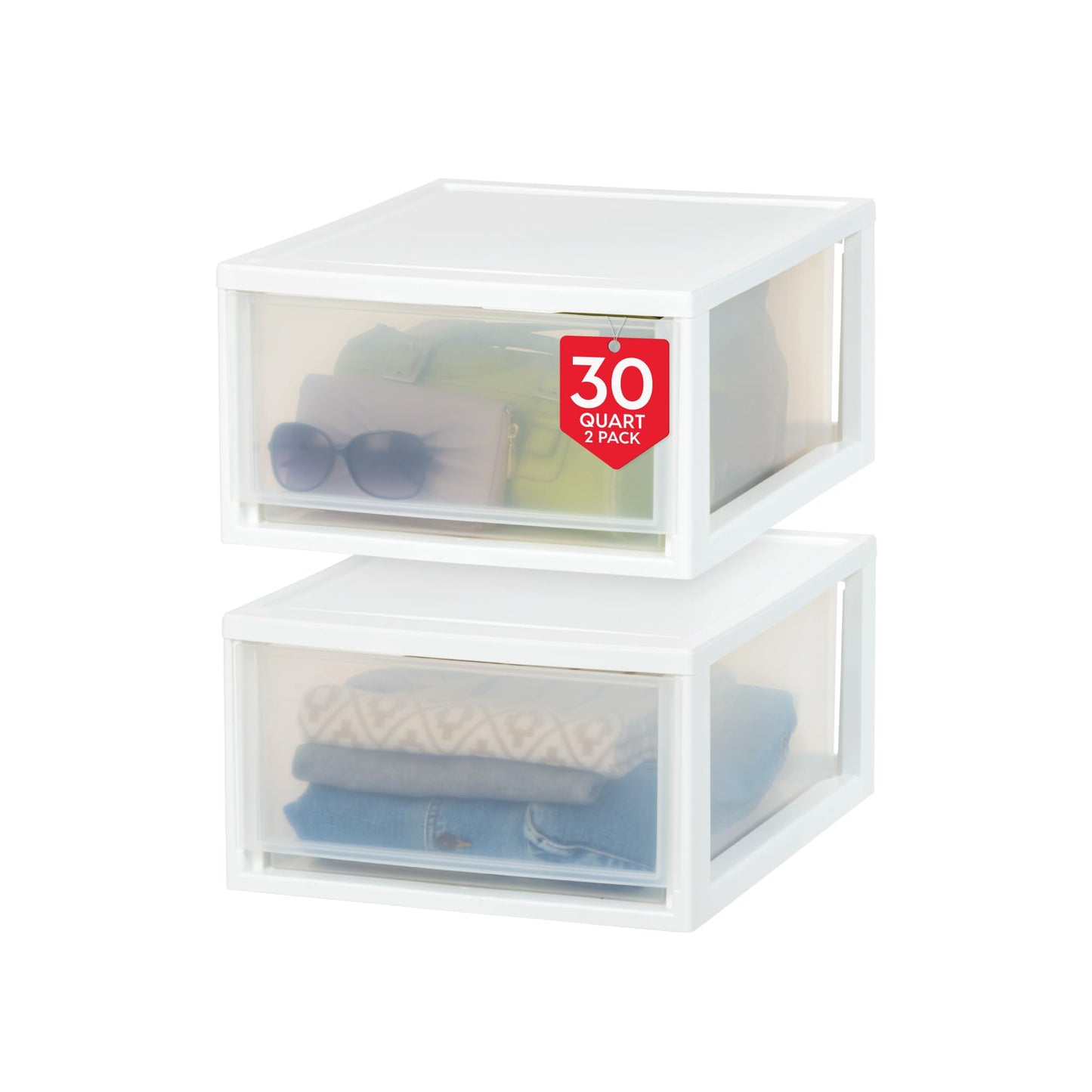 IRIS USA 27.9 L (29.5 US Qt.) Large Plastic Stacking Drawer, 2-Pack, Stackable Storage Organizer Unit with Sliding Drawer for Bedroom Kitchen Under Sink Pantry Craft Room Dorm Office, White