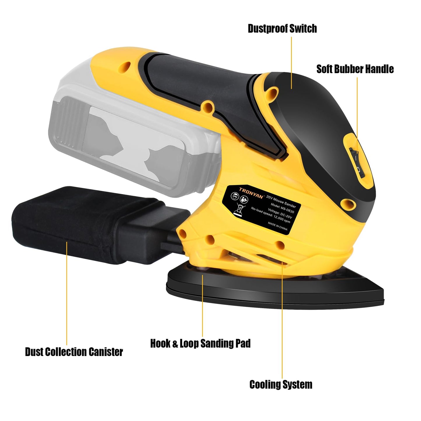 Cordless Detail Sander Compatible with DeWalt 20V Max Battery (Tool Only), 12,000 OPM, 10Pcs Sandpapers, Dust Bag for Woodworking, Tight Spaces Sanding, Polishing, Removing Paint