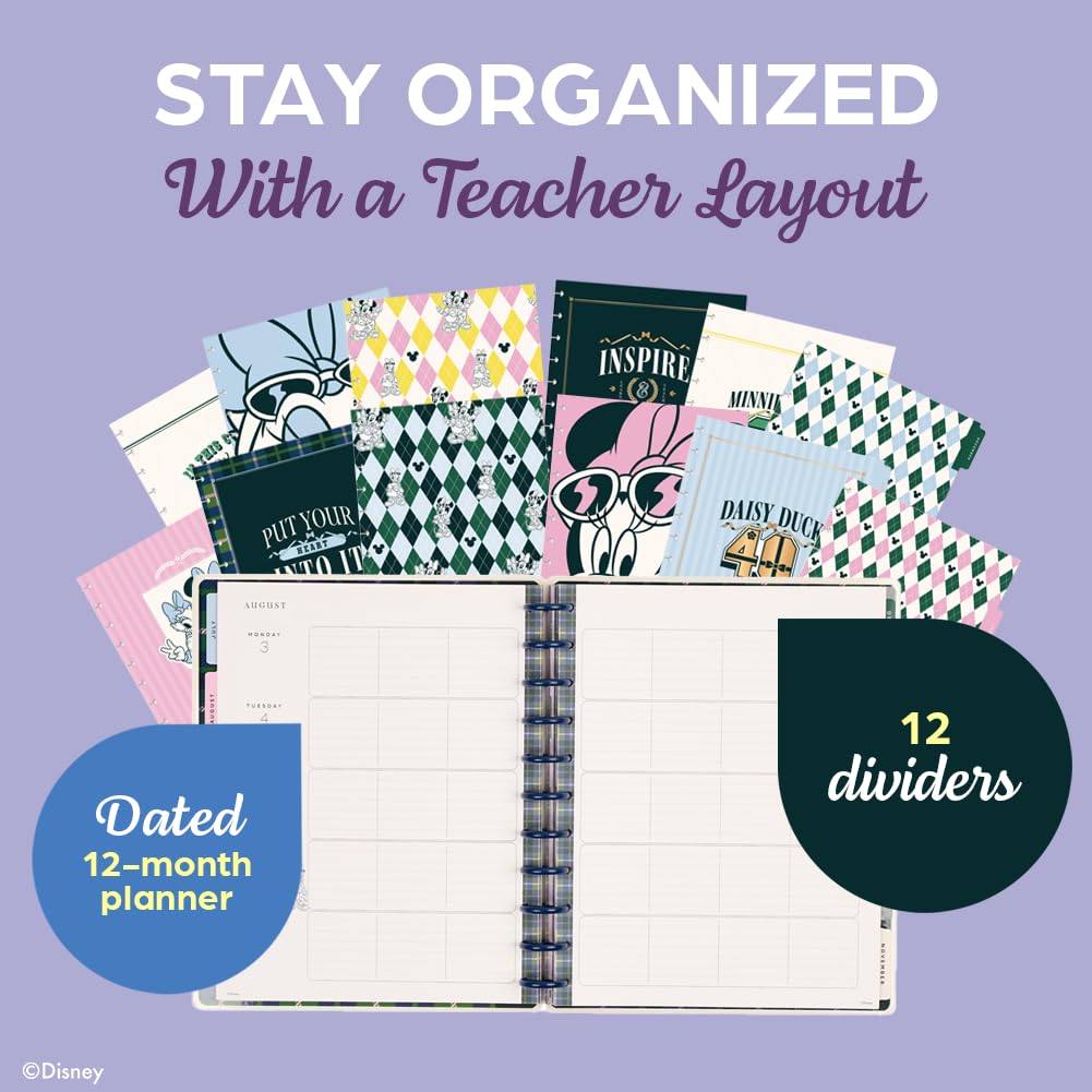 Happy Planner Disney Disc-Bound 12-Month Academic Planner, July 2026–June 2027, 12 Dividers, Big Size, Teacher Layout, Minnie & Daisy Varsity Theme, 8.5” x 11”