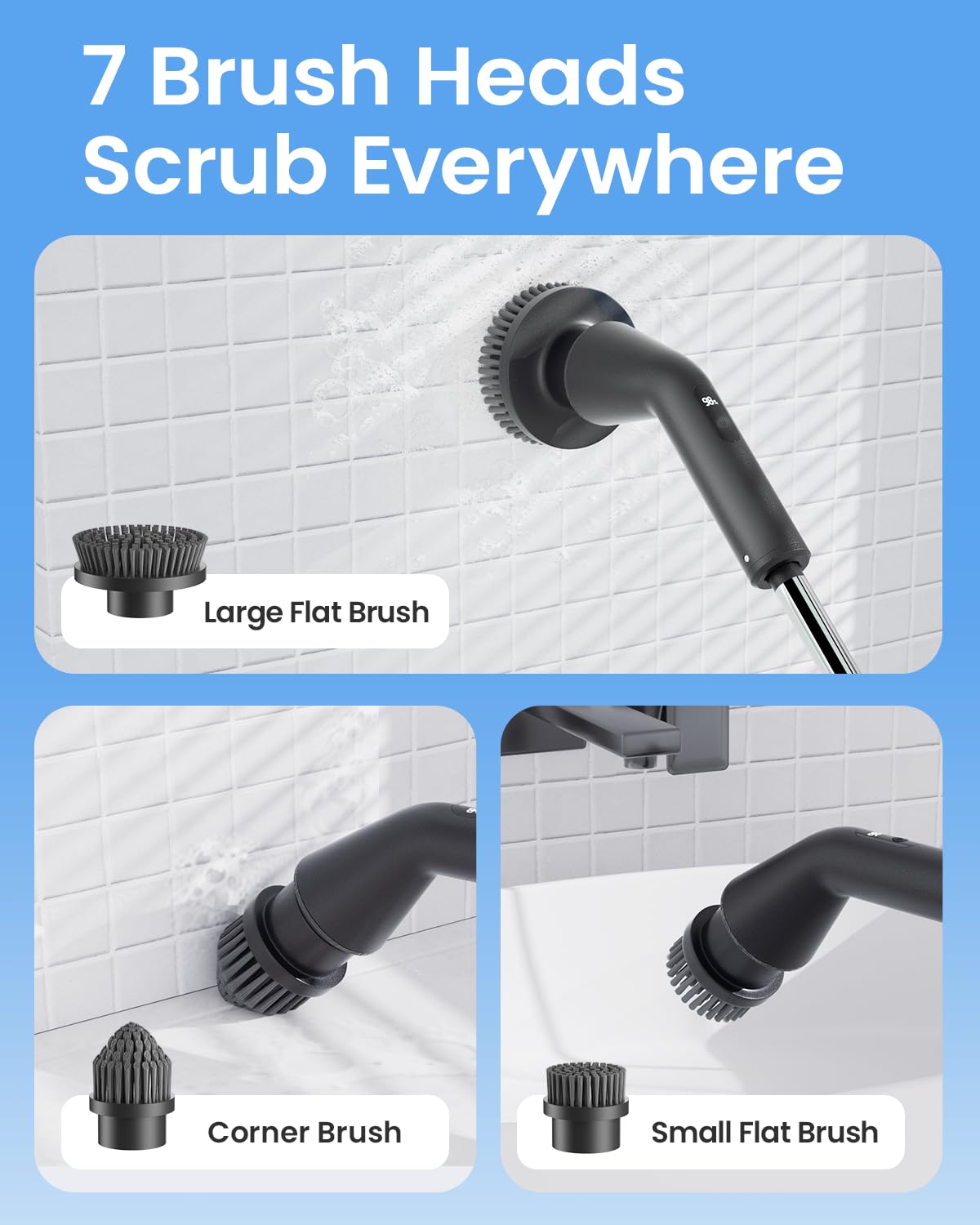 Leebein Electric Spin Scrubber, Full Body IPX7 Waterproof Electric Cleaning Brush, Cordless Bathroom Scrubber with 7 Brush Heads, Extendable Long Handle and 2 Speeds Scrubber for Bathtub Floor