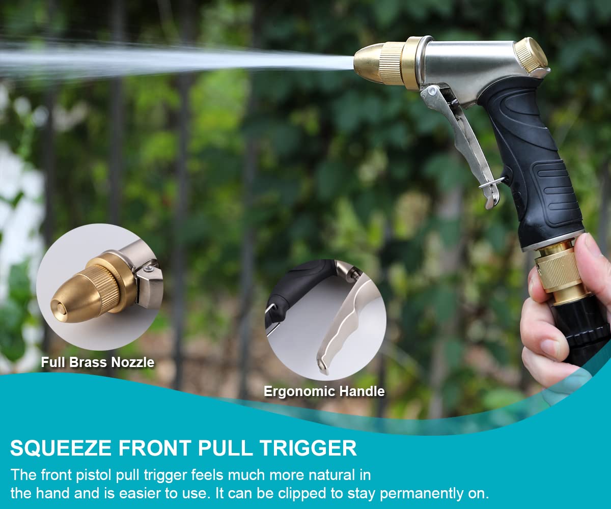 ESOW Garden Hose Nozzle 100% Heavy Duty Metal, Full Brass Nozzle & ABS Non-Slip Ergonomic Grip, 4 Watering Patterns, High Pressure Metal Spray Gun for Watering Plants, Car Wash and Showering Dog