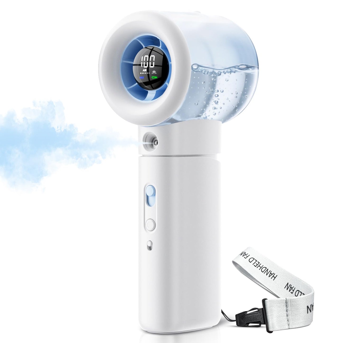 Karcusiny Portable Misting Fan Handheld Powerful Turbo Fan, 100 Speeds, 6000mAh Rechargeable Battery, LED Display, Spray Mist Personal Mini Fan for Travel, Beach, Outdoor Camping (Matte White)