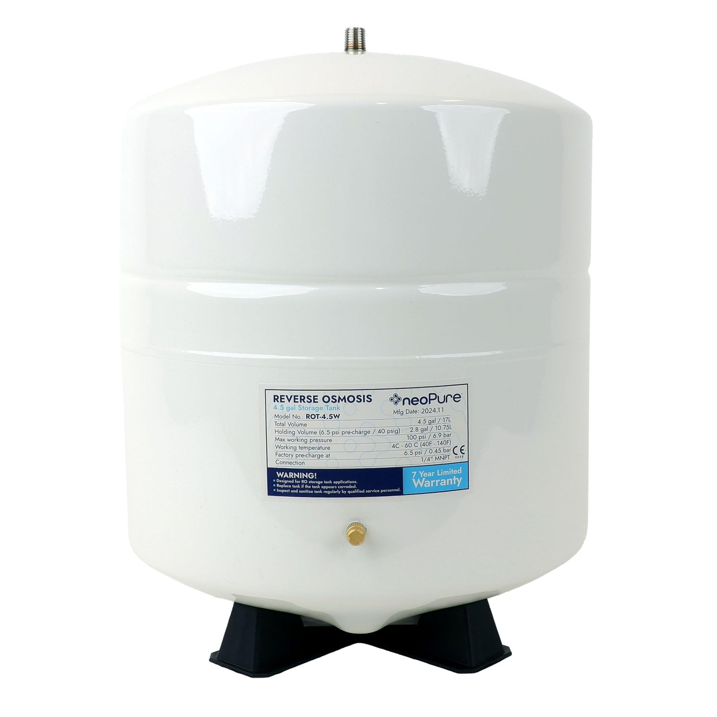 Neo-Pure RO-132 Reverse Osmosis Storage Tank Powder Coated Steel w/Tank Valve Female Elbow 1/4" FPT x 3/8" Quick-Connect (Stainless Steel, 4.5 Gallon)