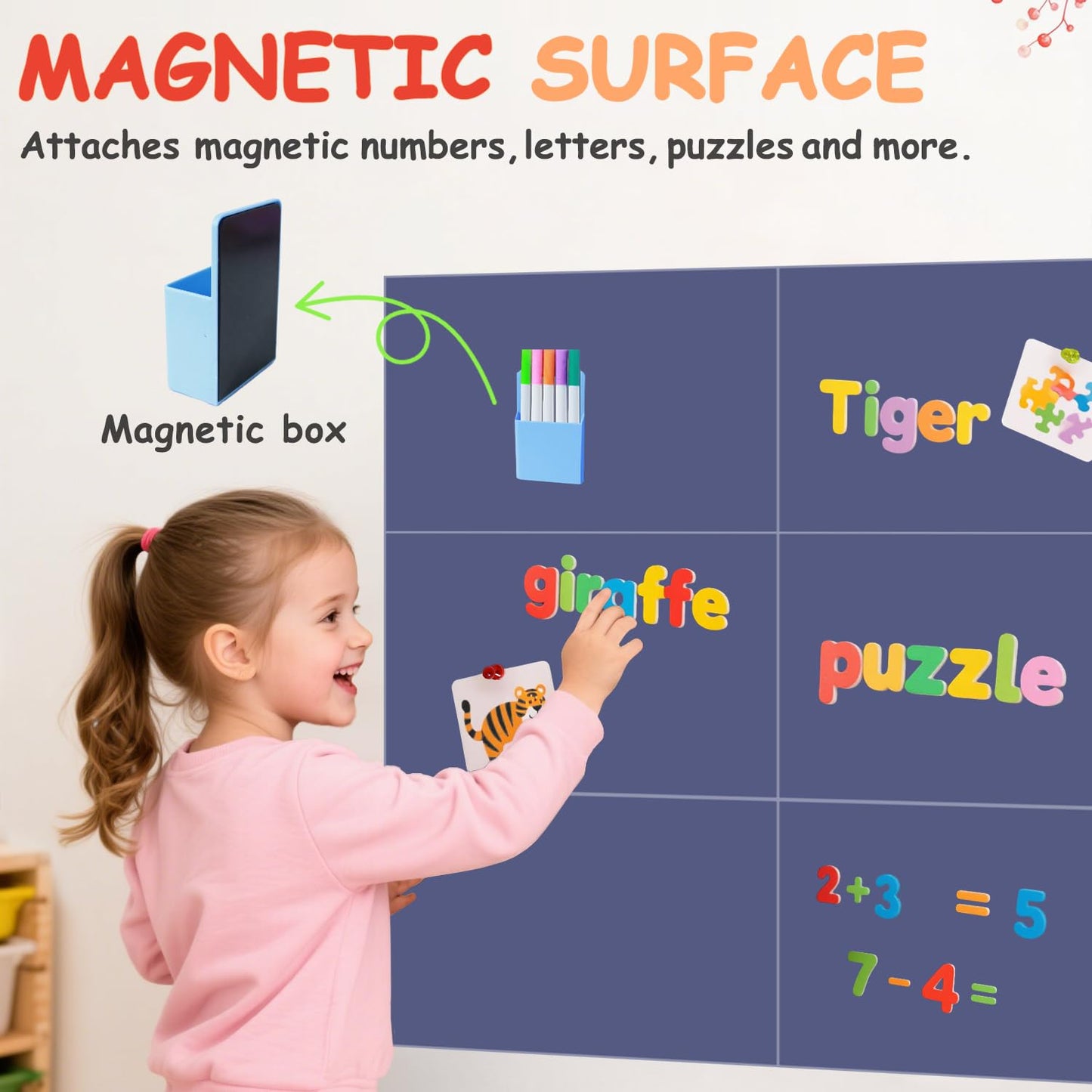 FANPROMS Magnetic Chalkboard Wall Decal Set of 6 Peel and Stick Magnet Sheets with Chalk Tangram Puzzle and Multiple Accessories Dusty Blue Magnetic Chalk Boardfor Home Playroom and Classroom