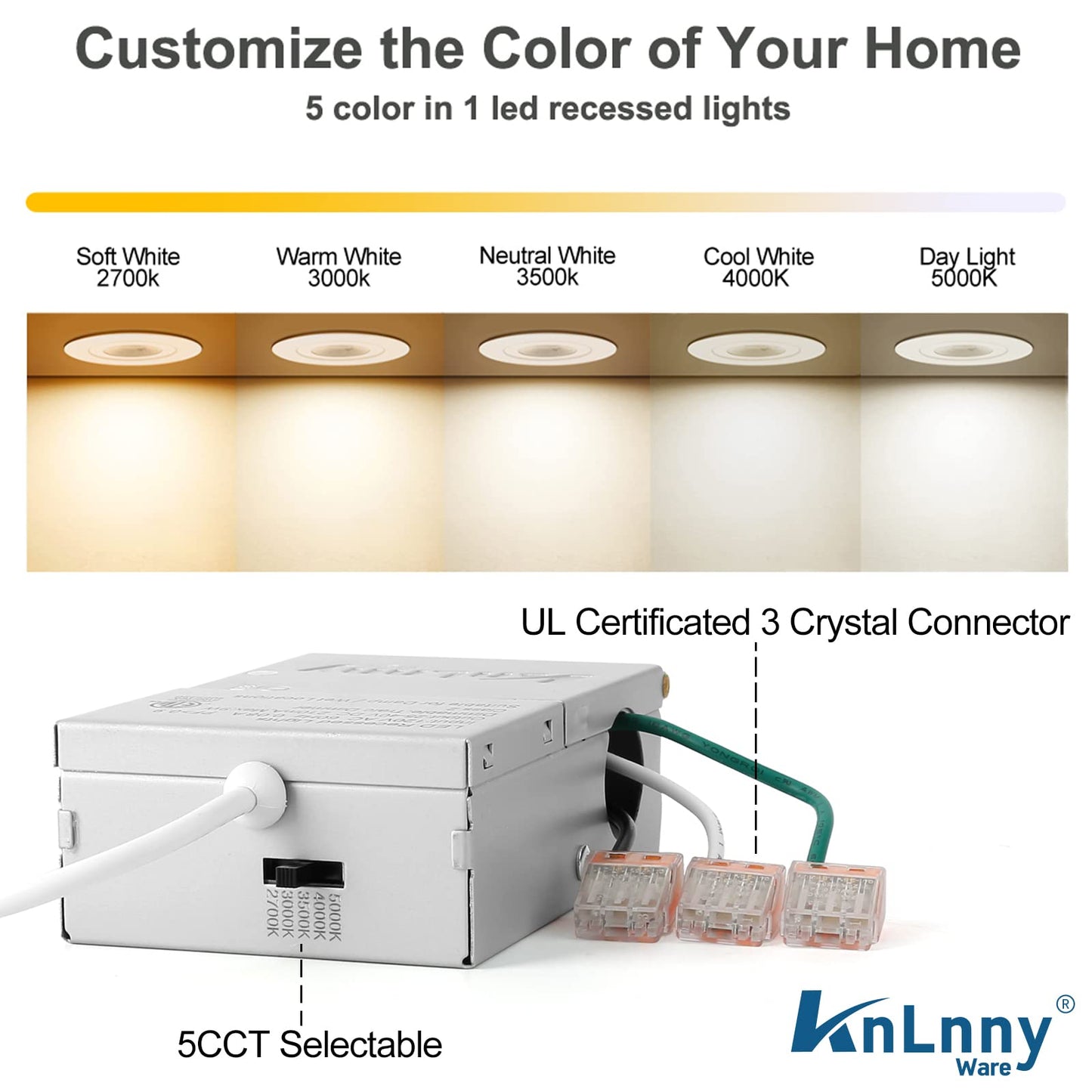 KnLnny Ware Gimbal Recessed Lighting 4 Pack, Ajustable Gimbal Recessed Ceiling Light with Junction Box,5 CCT(2700K-6500K) Selectable,9W 750LM,Dimmable,Airtight, ETL Listed