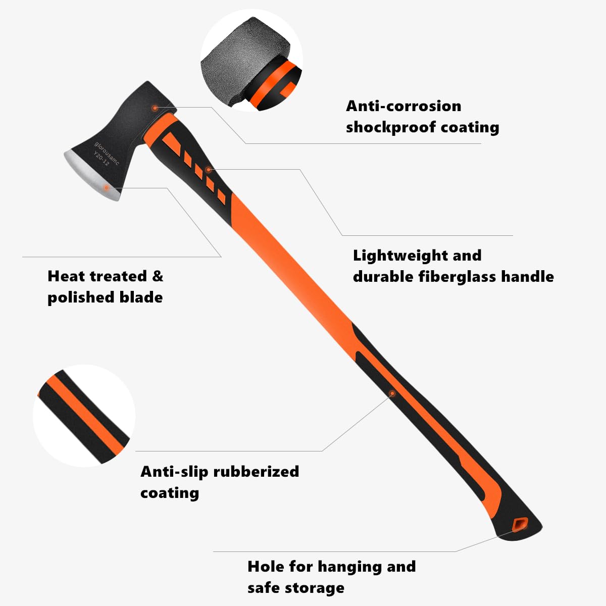 Chopping Axe, Hand Axe, Camp Hatchet for Splitting Kindling and Chopping Branches, Wood Chopping Axe 5.5 lb with 36-in Fiberglass Handle (L)