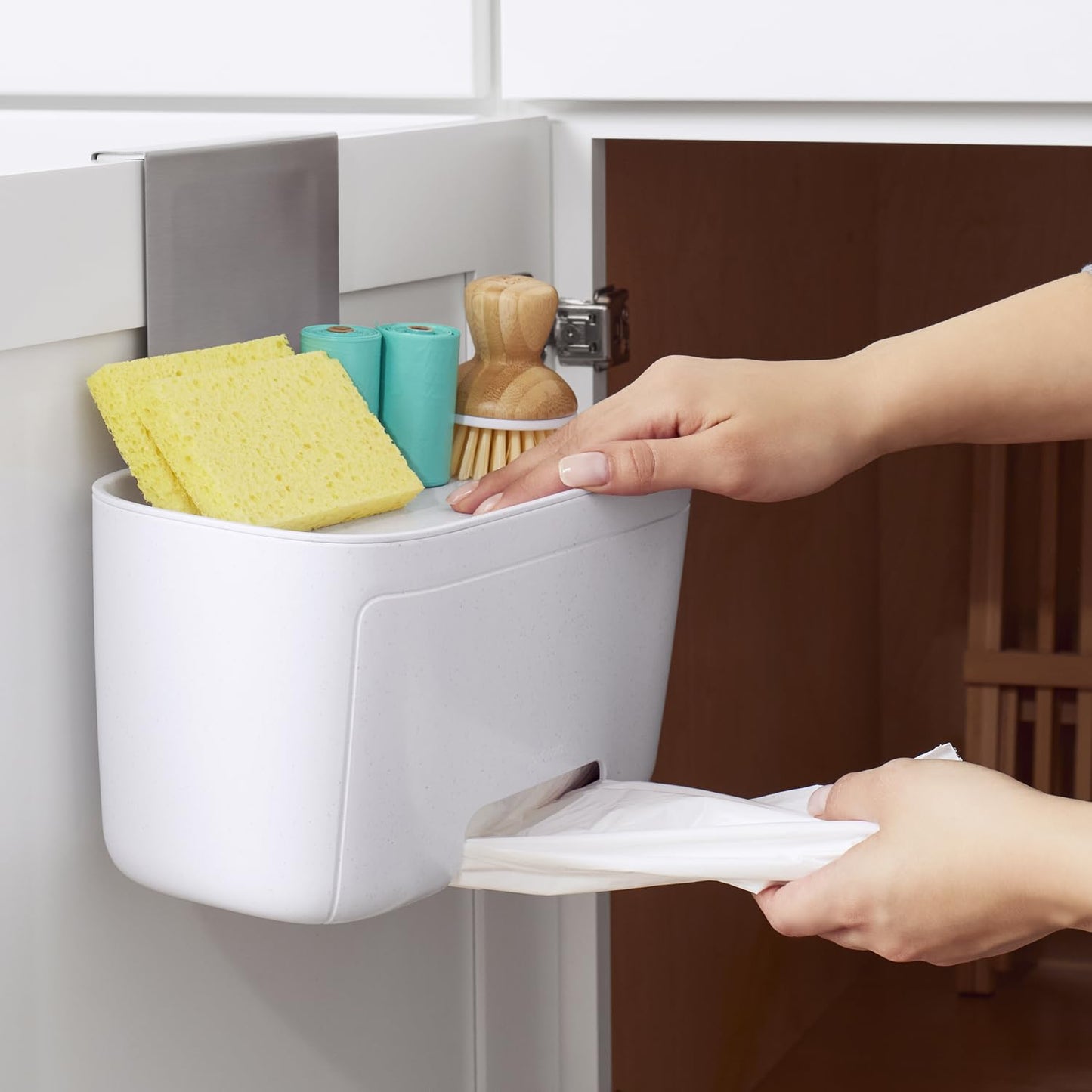 YouCopia DoorStash Garbage Bag Dispenser, Hanging Kitchen Cabinet Door Organizer with Removable Lid for Storage, Speckled White