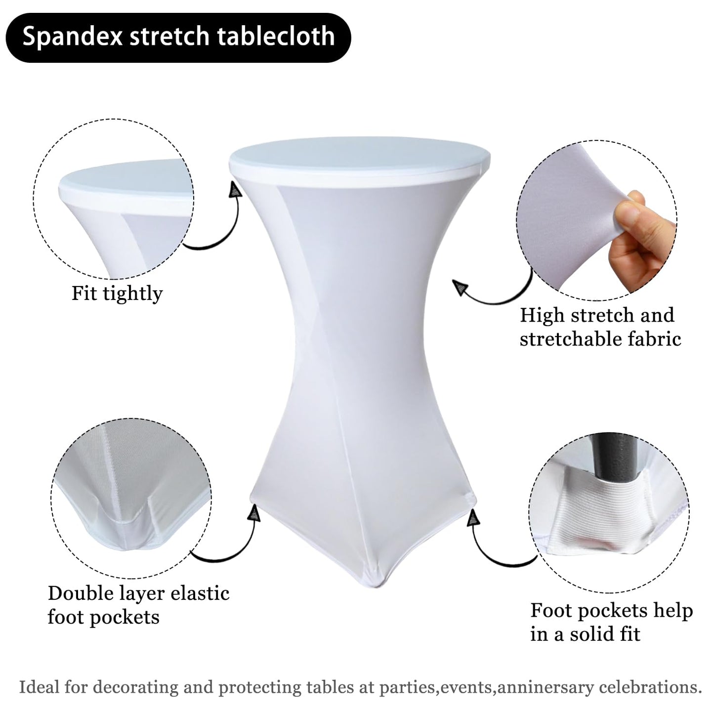 White Cocktail Spandex Stretch Square Corners Tablecloth Set of 4Pack|32"x43" Cocktail Round Tablecloth|Stain 、Wrinkle Resistant、Washable for Bar Wedding Cocktail Party Banquet Table
