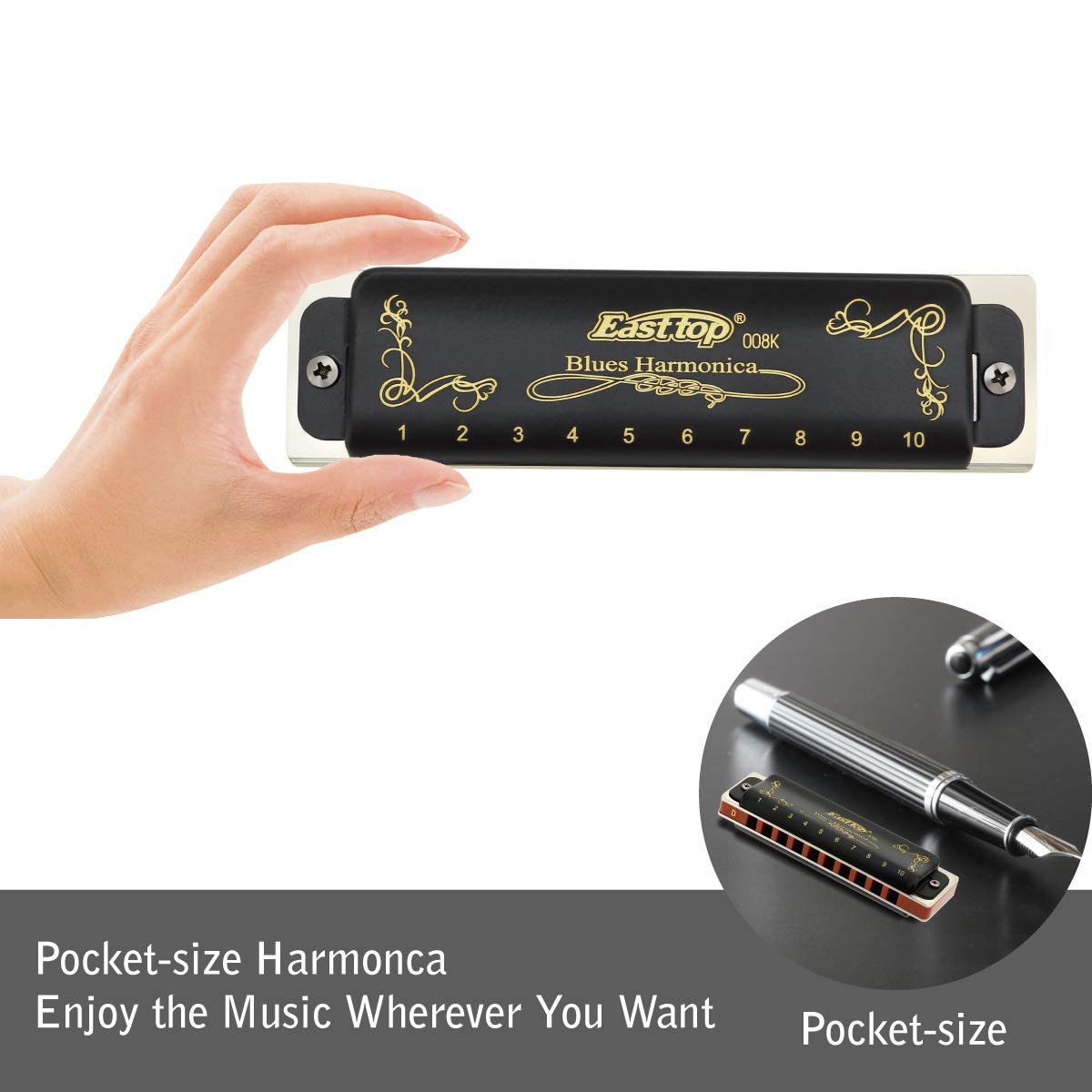 East top Harmonica Paddy D, Blues Harmonica Key of Paddy D 10 Hole 20 Tone Blues Mouth Organ Diatonic Harmonica Adult Musical Instrument for Professional Player, Beginner, Students (Black)