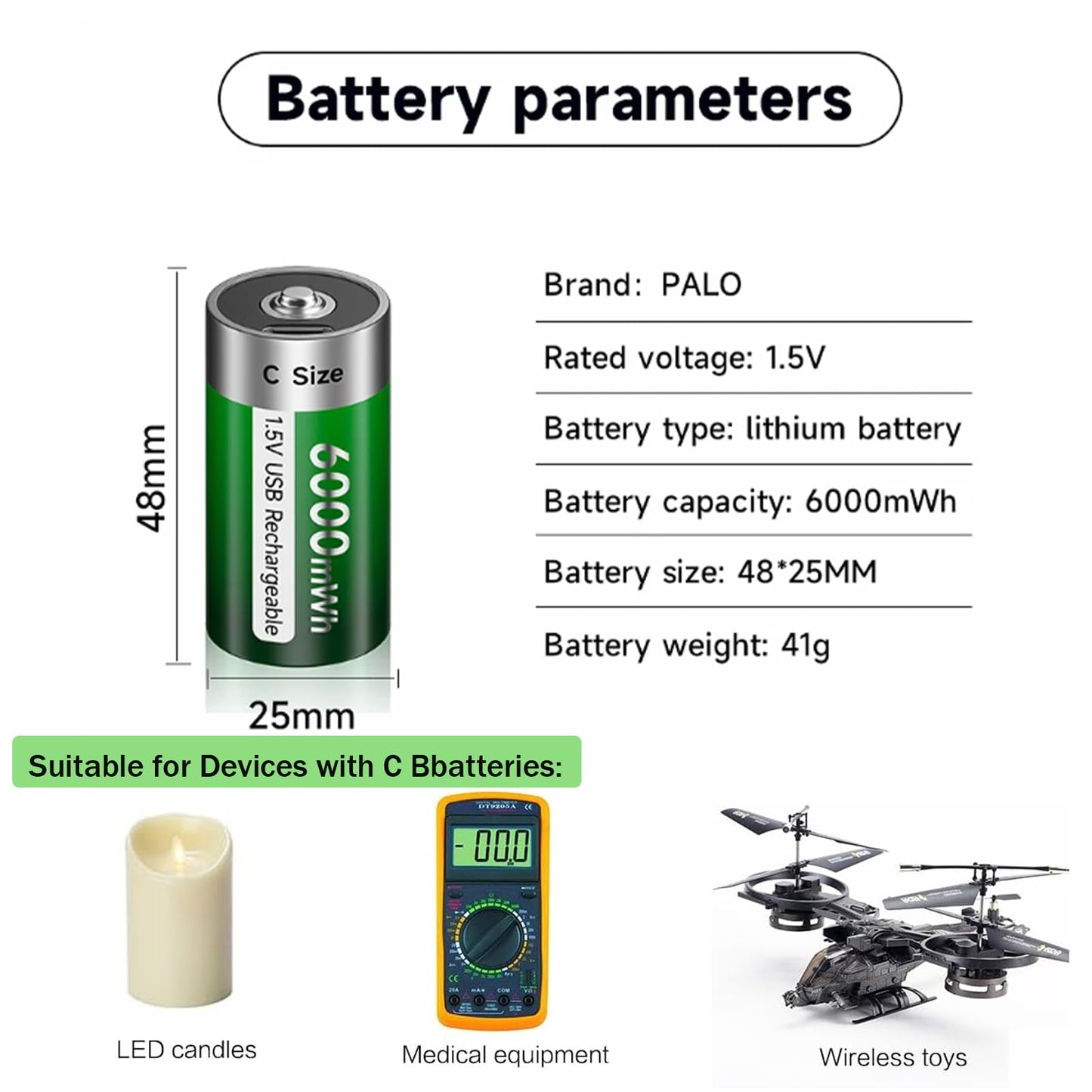 Palogreen USB C Rechargeable Batteries 1.5V Constant Output, 6000mWh D Cell with Type-C Charging Cable, LR20 Replacement Battery for Flashlight, Toys, Water-Heater -6 Pack