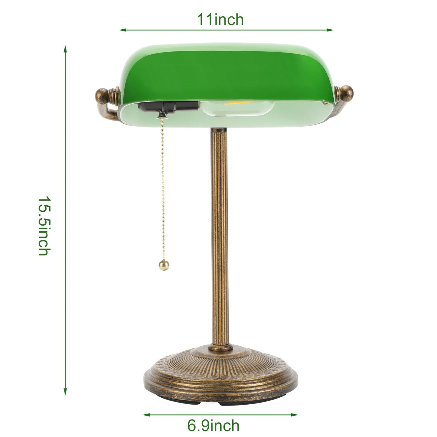 NISSAFORS Banker Desk Lamp, Green Glass Shade, Vintage Desk Lamp with Chain Switch, Retro Table Lamps for Home Office (Retro Gold+Green, Small)