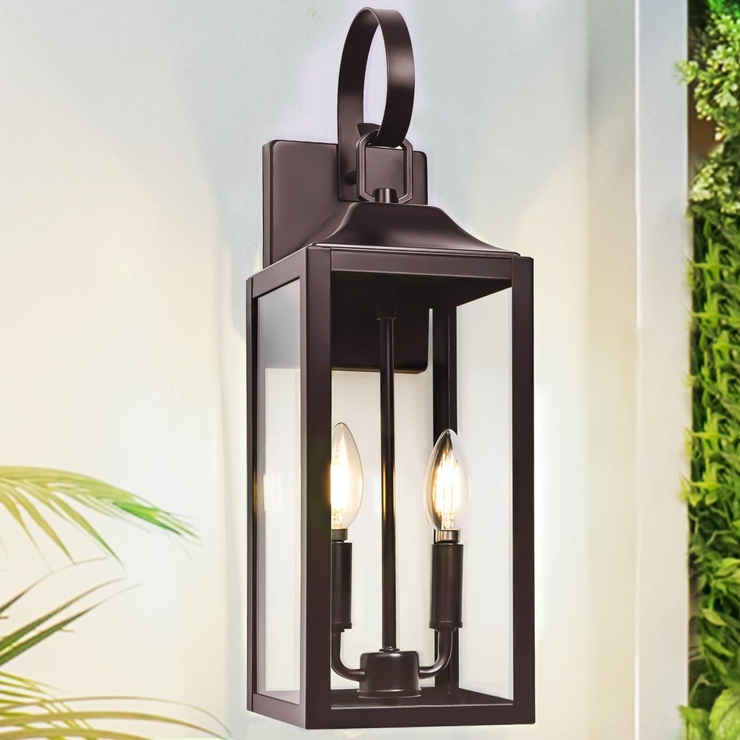 19" Oil Rubbed Bronze Outdoor Wall Lantern 2-Light, Large Outside Modern Wall Sconce Light Fixture, Brown Porch Light Wall Mount with Glass, Waterproof Farmhouse Exterior Lamp Lighting