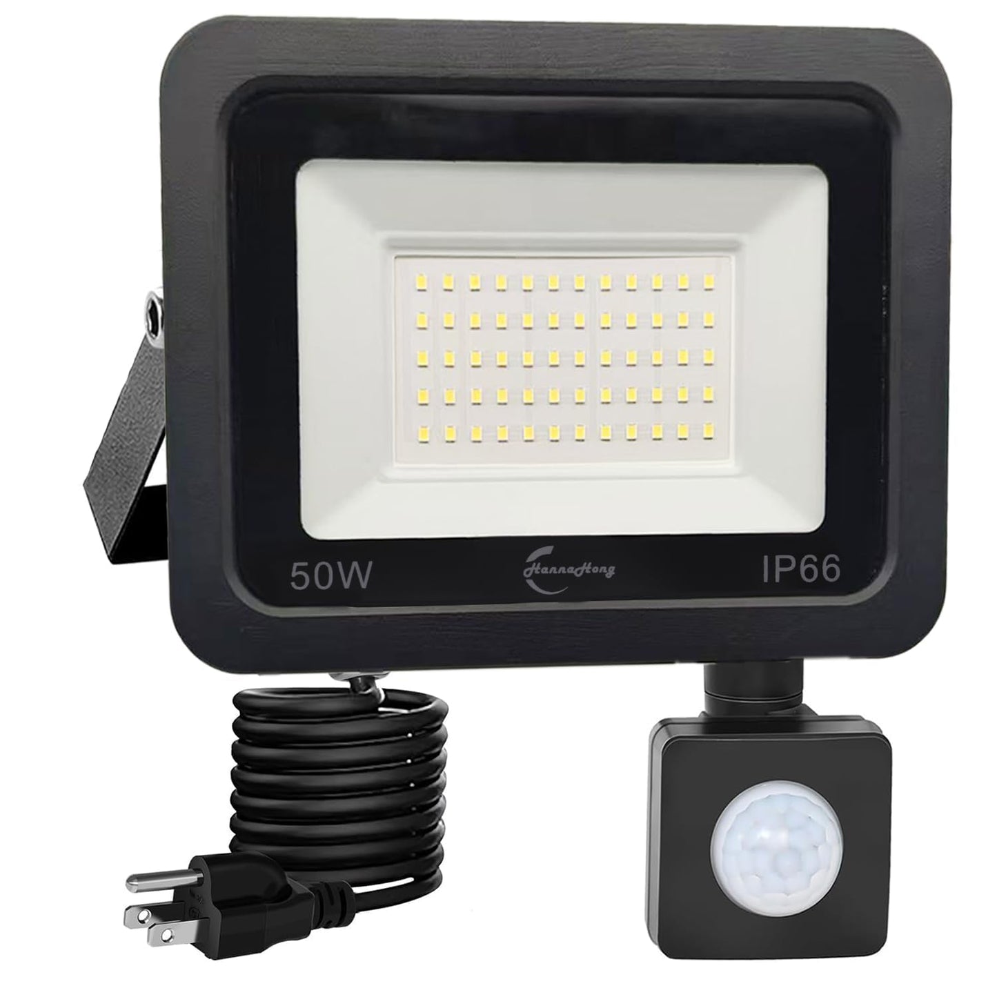 HANNAHONG 50W LED Motion Sensor Flood Lights with Plug in, PIR Slim Design Lamp,6500K Daylight, Outdoor IP66 Waterproof,Auto ON/Off Intelligent Security,Work Light for Garage Yard Patio Pathway Porch