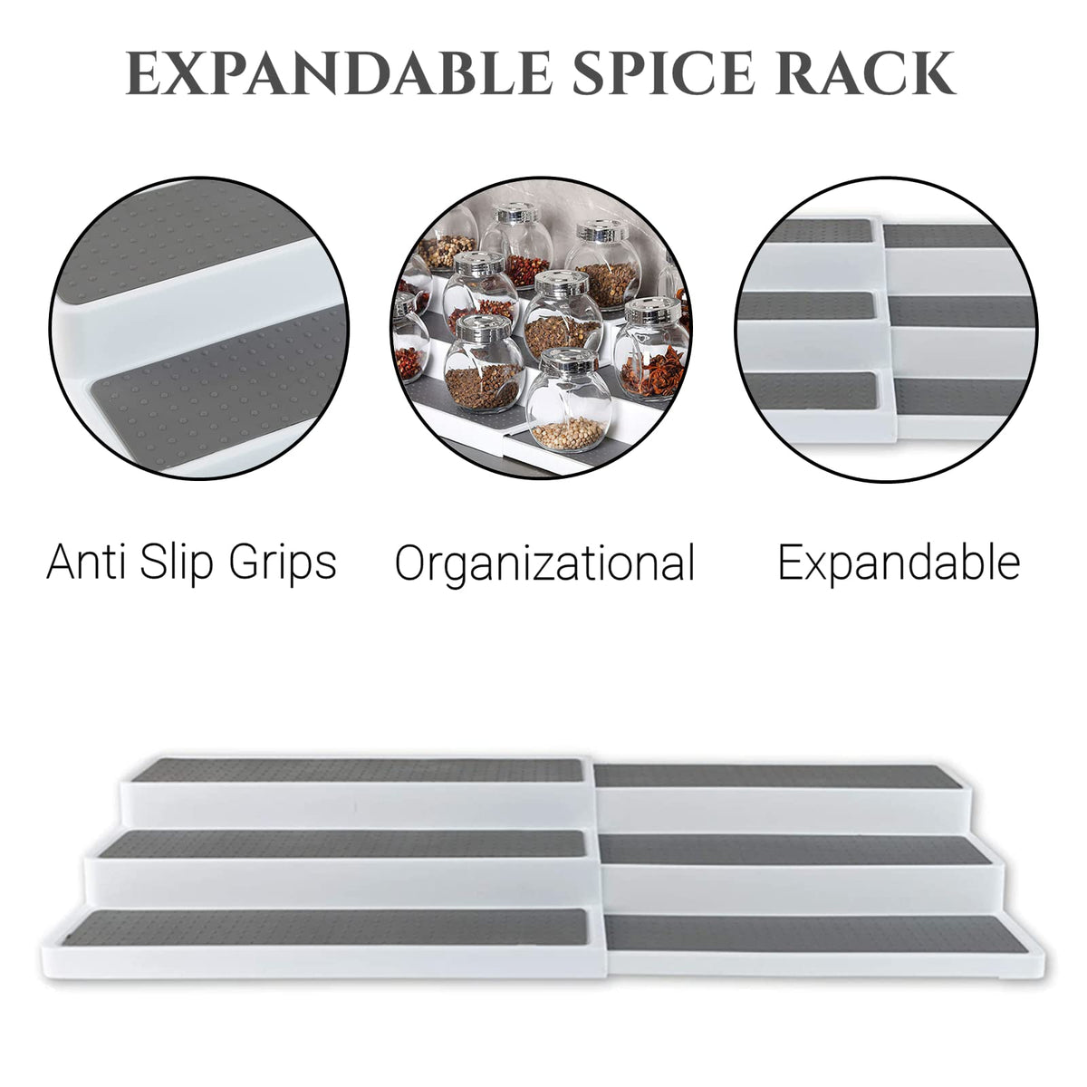 Expandable Spice Rack Organizer for Cabinet 3-Tier for Pantry Cabinet or Countertop, Waterproof, and Non Skid Shelf, for Spice Bottles, Jars, Seasonings, Baking Supplies - 2 Pack