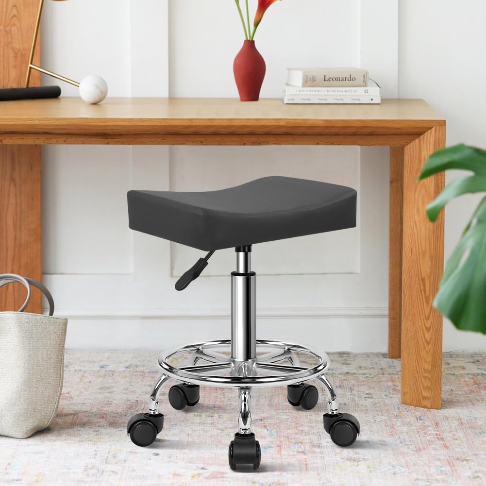 WKWKER Square Rolling Stool with Footrest PU Leather Height Adjustable 360° Swivel Stool with Wheels Massage SPA Salon Stools Task Chair Desk Drafting Bedroom Vanity Stool (Grey)