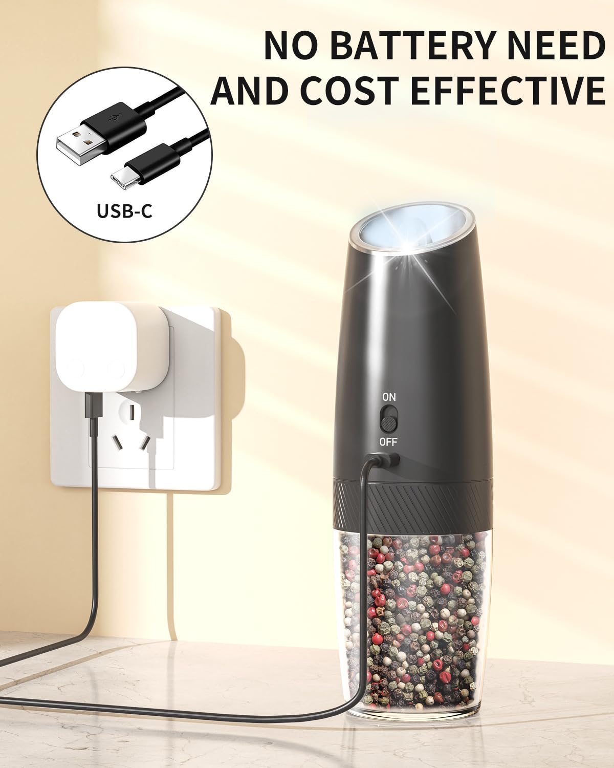 CIRCLE JOY Gravity Electric Salt and Pepper Grinder Set, Rechargeable Pepper Grinder with 135ml Refillable Container, Adjustable Coarseness, Electric Salt Shaker for Home Restaurant, Black White
