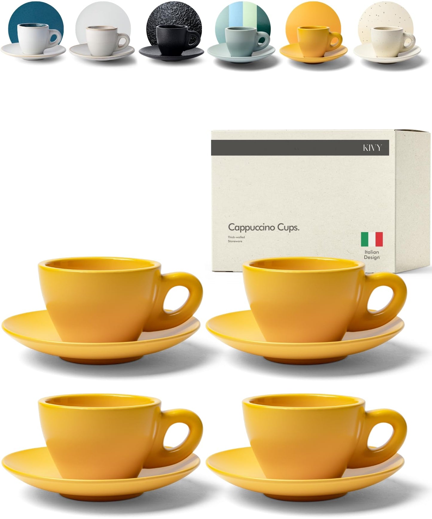 KIVY Set of 4 8oz Thick Walled Ceramic Latte Art Italian Mugs