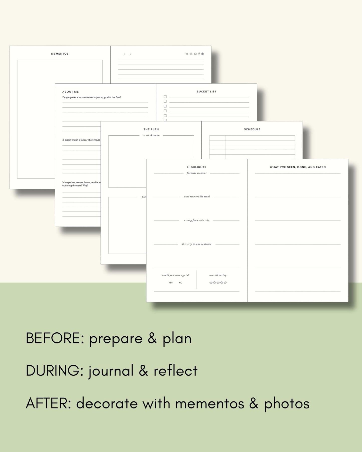Kunitsa Co. Travel Journal - Guided Notebook for Travelers to Plan & Reflect on Vacations & Trips. Keepsake Travel Gift, Basil Green