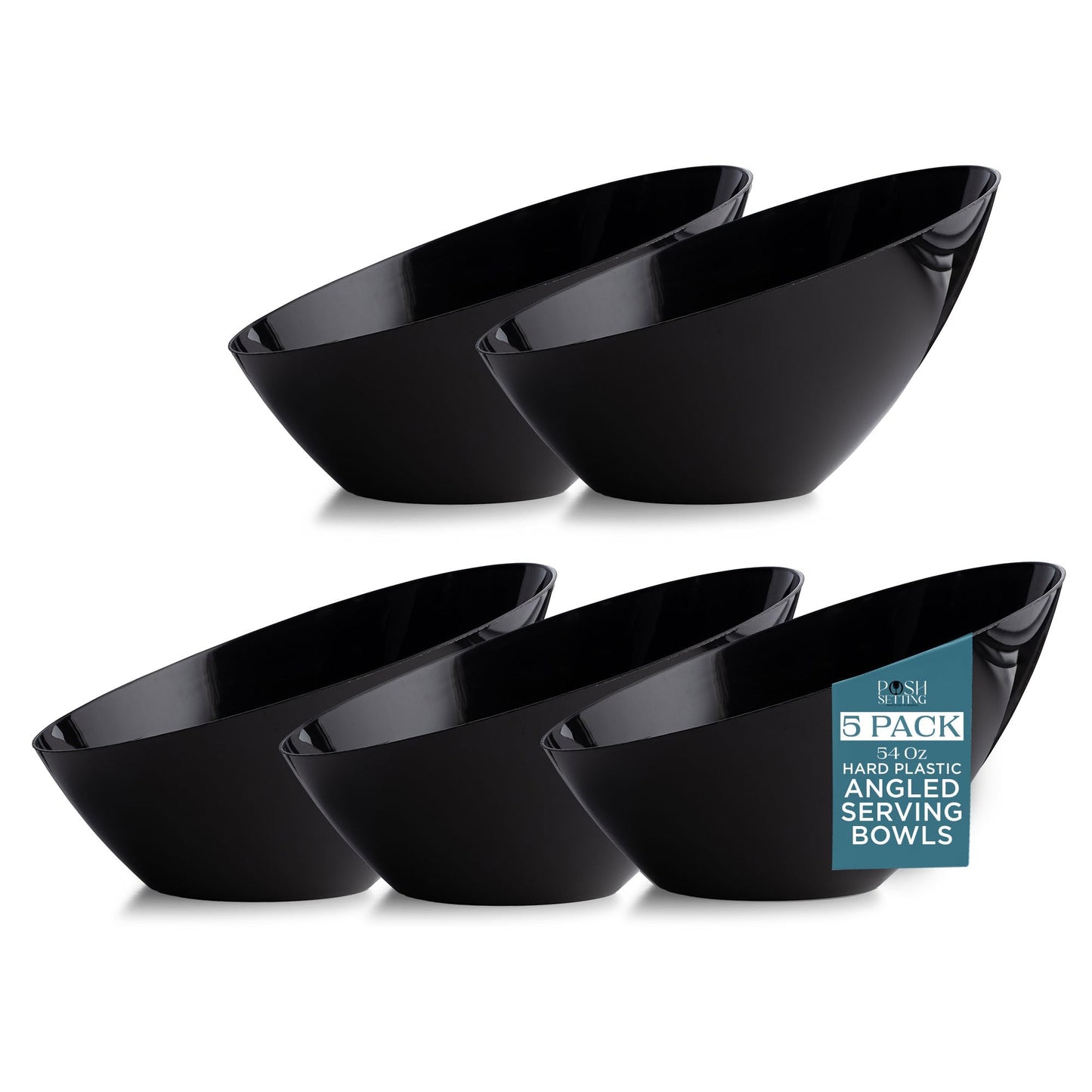 Posh Setting Black Plastic Serving Bowls Disposable - Angled Bowls - Angled Candy Bowl - Plastic Snacks & Chip Bowls for Parties - Black, Gold & Clear, White Serving Dishes, 54 OZ, 5 Pack
