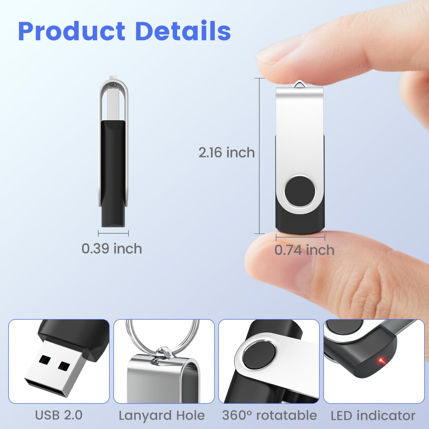 ABLAZE USB Stick 4GB 50 Pack, USB 2.0 Flash Drive 4GB with Lanyards Swivel Thumb Drives Bulk Memory Stick 50PCS (Black)