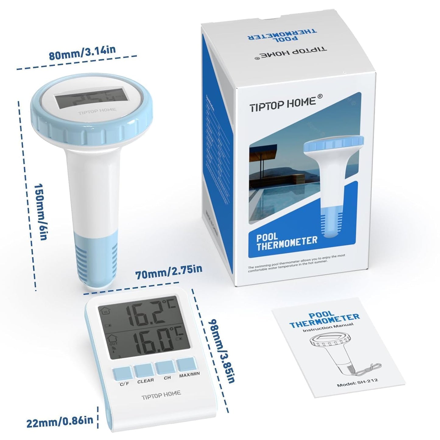 Pool Thermometer,Wireless Floating Pool Thermometer Easy Read,Outdoor Digital Thermometers with Indoor Temperature Monitor,IPX7 Waterproof and High Accuracy for Swimming Pool,Bath Water (Blue)