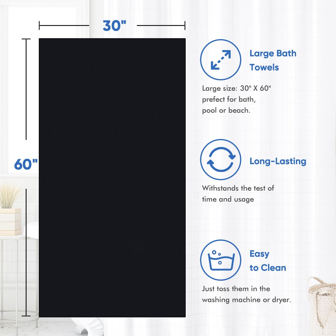 HOMEXCEL Beach Towel 4 Pack, 30 x 60 inch Microfiber Beach Towels Oversized, Soft, Absorbent, and Quick Dry Towel for Beach, Pool, Swim, Bath, and Travel, Large Beach Towel for Adults and Kids, Black