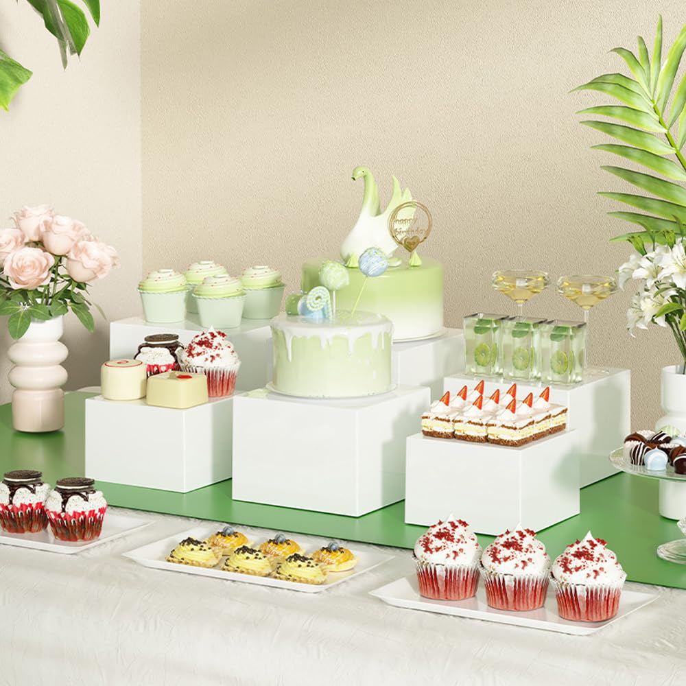 6 Pcs Buffet Risers White Acrylic Display Stands Cube Boxes with Hollow Bottoms Decorative Stand 6 Sizes for Jewelry Candy Table Decor Box Food Riser Party Case Cake Tables