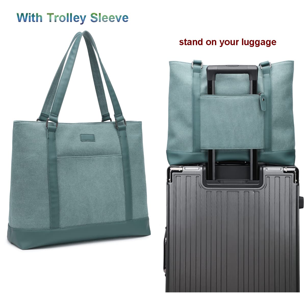 Laptop Bag for Women - Teacher Canvas Tote Bag with Compartments, Work Tote Bag for Travel Office 15.6 Inch, Green, Large, Professional Tote Bag for Work