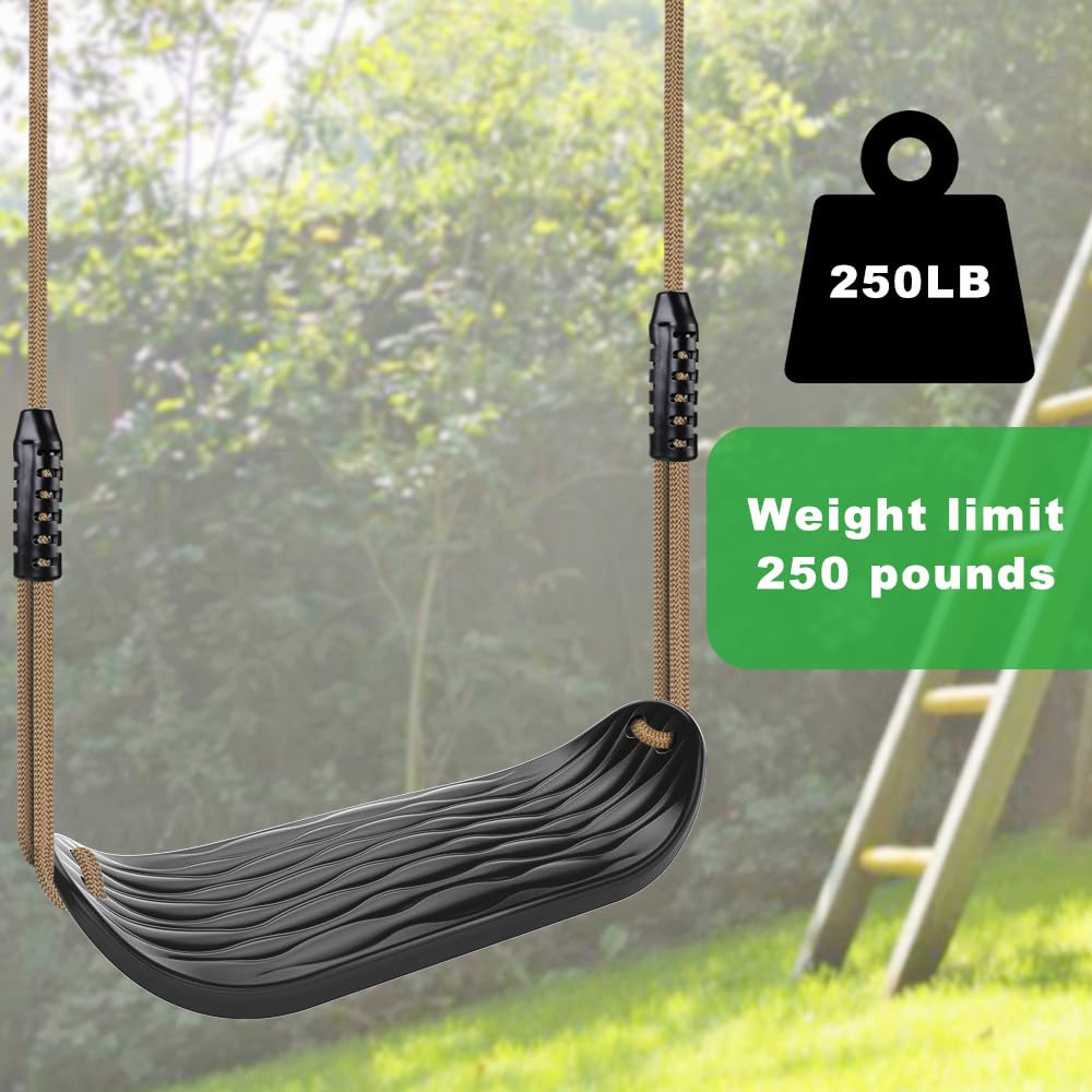 SELEWARE Non-Slip Plastic Swing Seat, Heavy Duty Tree Swing Set with Adjustable Rope & Carabiners for Kids & Adults, Outdoor/Indoor Playground Seat Replacement, Black, 2 Pack