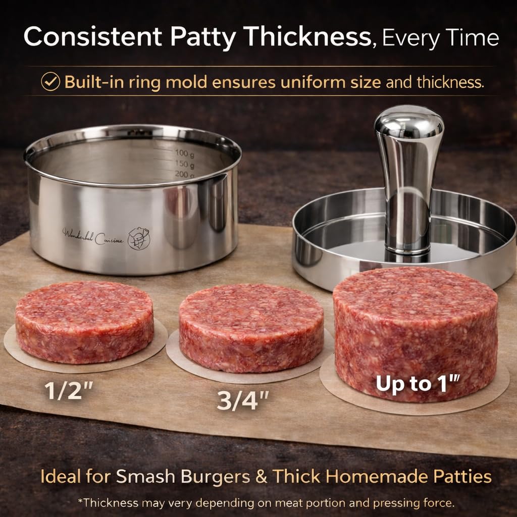 Stainless Steel Burger Press & Meat Patty Maker, Heavy Duty One-Piece Design, Non-Stick Round Hamburger Press for Beef, Turkey & Veggie Patties