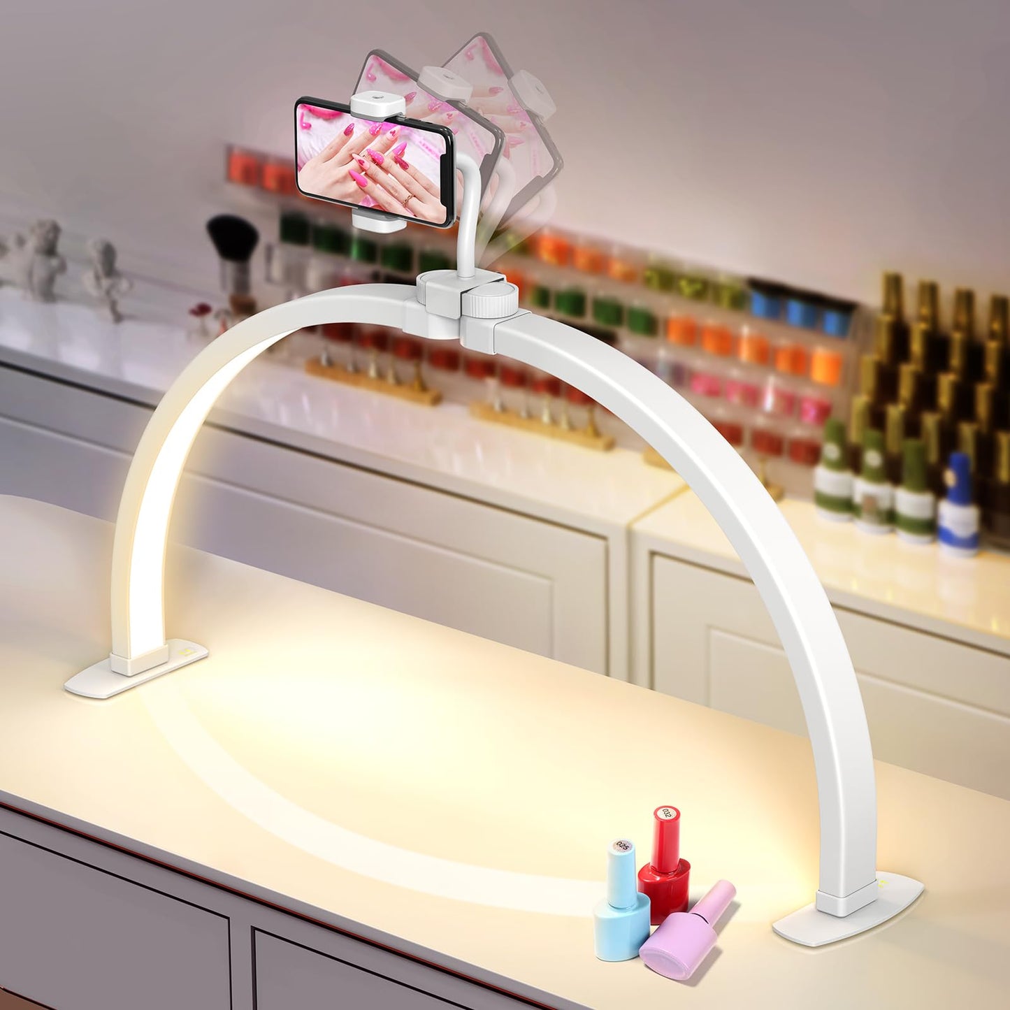 Yokilly Half Moon Light for Nail Desk: 29" Foldable Half Moon Nail Desk Lamp with Phone Holder for Beginner - Arch Tech Light with 3 Color Modes & 10 Brightness for Manicure Salon (White, Large)