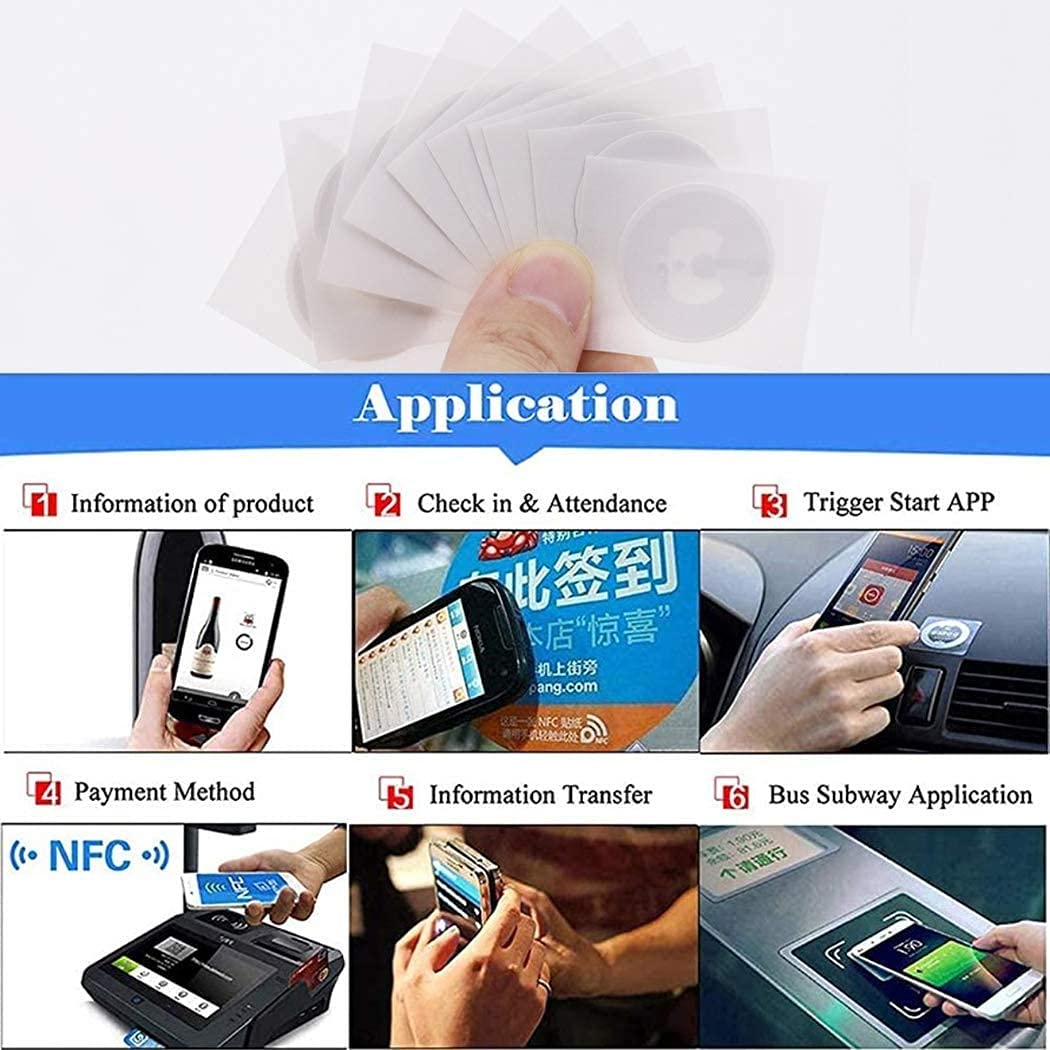 100pcs NFC Sticker 1k RFID Tag Mifare Classic 13.56MHz, Rewritable ISO14443A 25mm Adhesive Smart NFC Tags