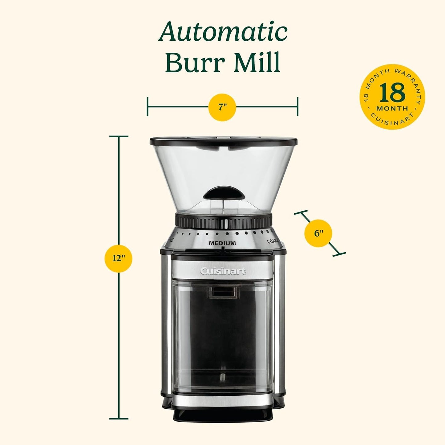 Cuisinart Coffee Grinder, Electric One-Touch Automatic Burr Coffee Grinder with 18-Position Grind Selector, Cup Size Selector for 4 – 18 Cups (DBM-8C)