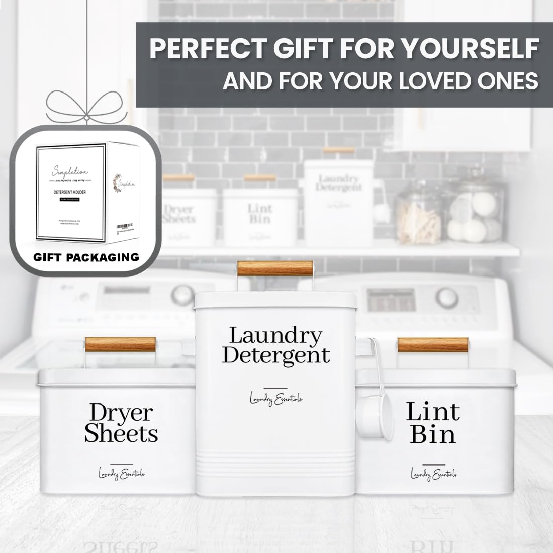 Simplation Laundry Detergent Container, Modern Farmhouse Storage Box for Laundry Room Decor and Accessories (White, 11 x 7 x 6 inches, 144 oz)