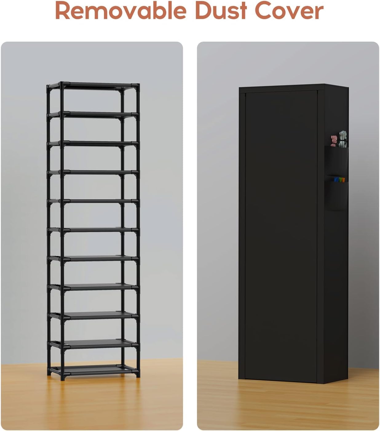 Oillase Vertical Narrow Shoe Rack Organizer Tall Shoe Rack for Closet Entryway 10 Tier Non-Woven Cover Shoe Shelf Holds 20-22 Pairs Free Standing Shoe Storage Cabinet with Dustproof Cover, Black
