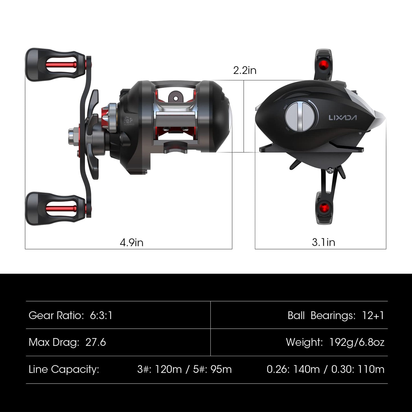 Lixada Baitcaster Fishing Reel Compact Baitcaster Reel Smooth Fishing Reel with 27.6LB Carbon Fiber Drag 12+1Ball Bearings 6.3:1 Gear Ratio High Speed for Saltwater Freshwater Fishing