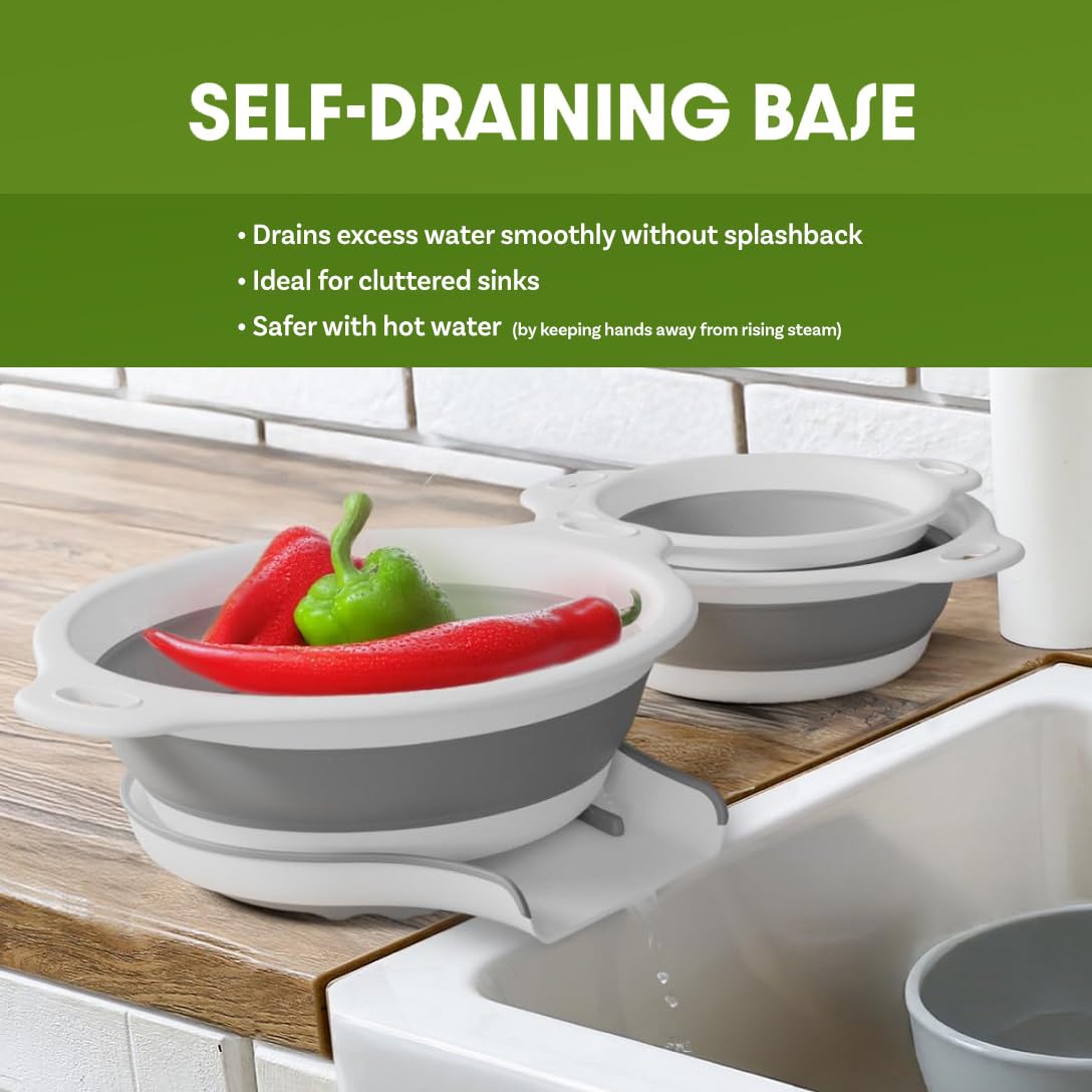 Gevoli (Set of 3 Sizes) Collapsible Colanders with Self-draining Base for Edge of Sink - Plastic Food Strainer (White)