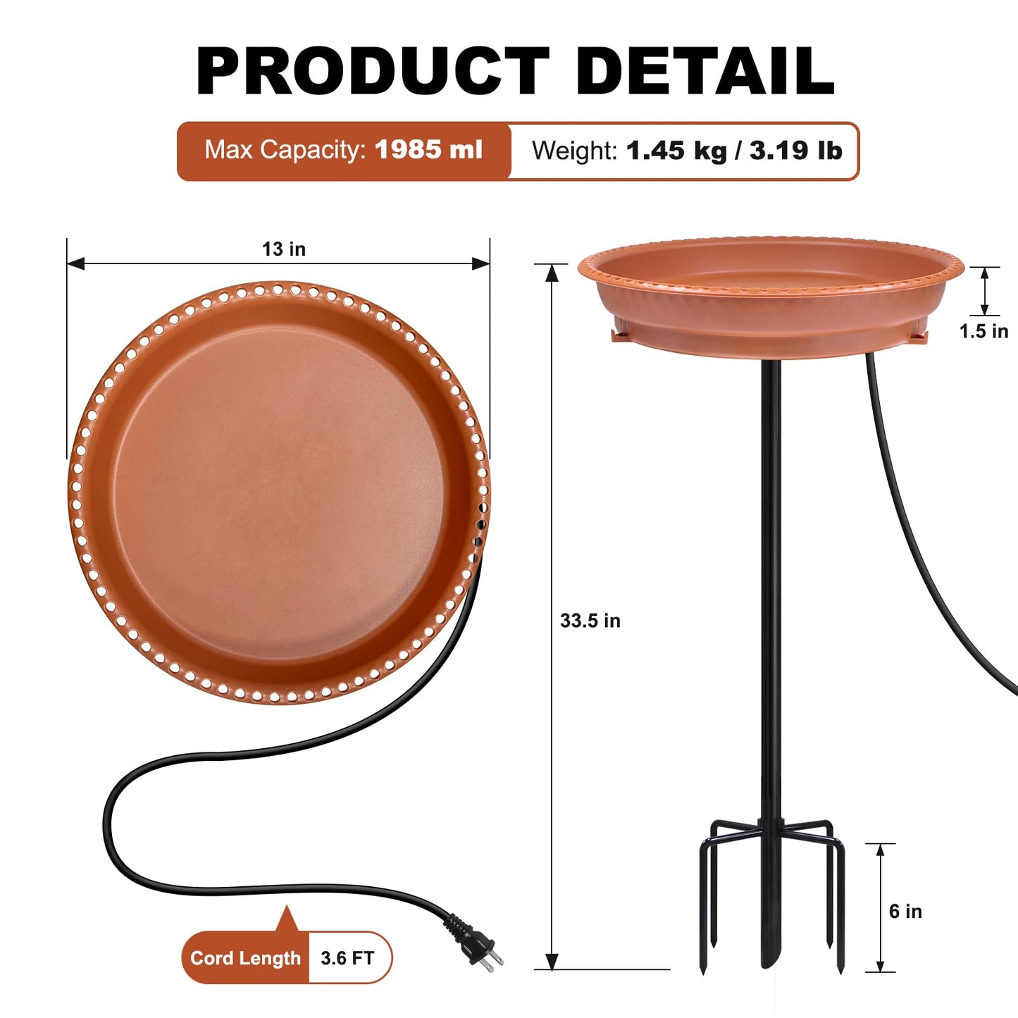BIRD WISH Heated Bird Bath, Stable 5-Prong Metal Base Thermostat Control Weather Resistance All Seasons Available 75W Heated Bird Baths for Outdoors for Winter Garden Yard Patio Lawn, Terracotta