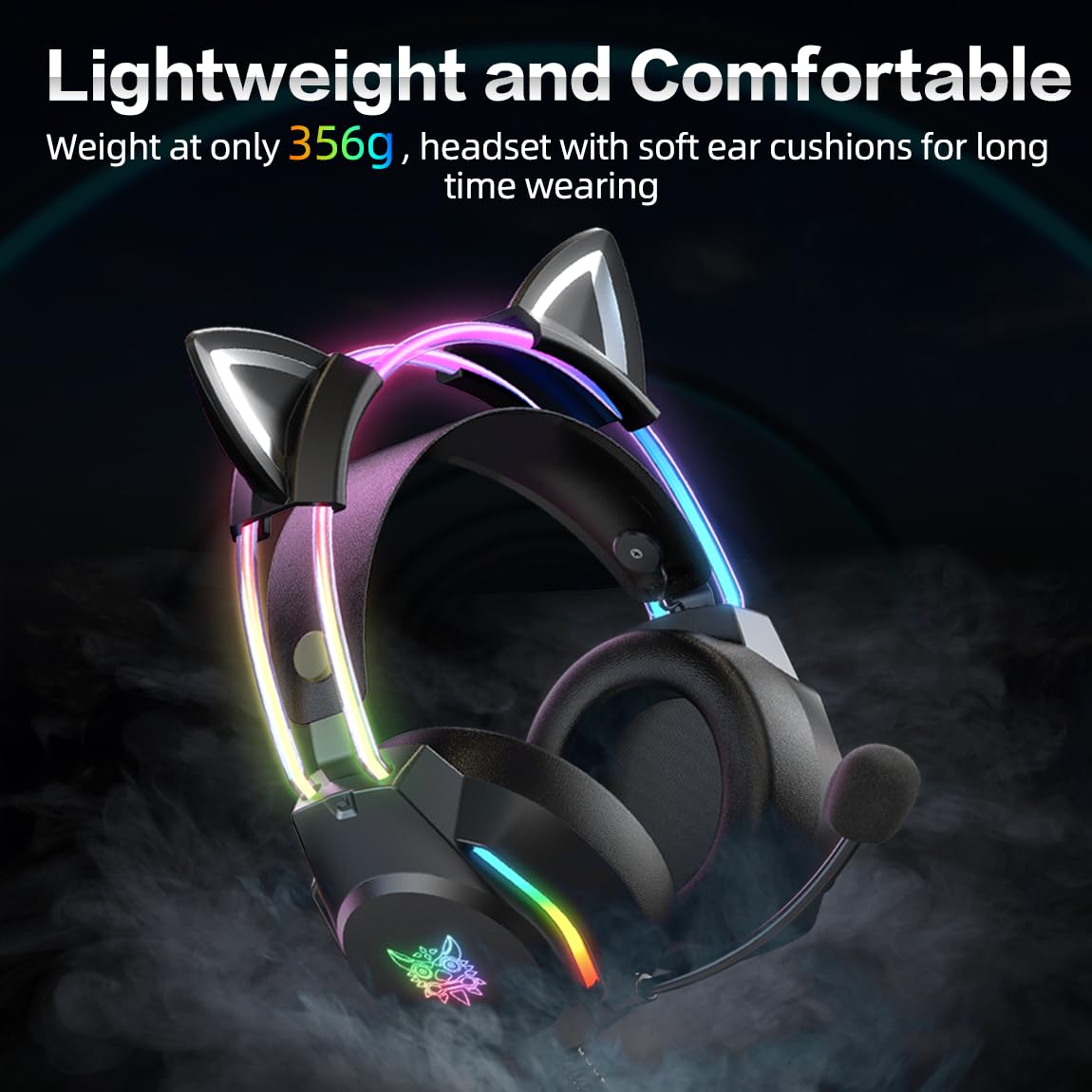 Gaming Headset with Microphone, Cat Ears Headphones for PC/PS4/PS5/Switch, RGB Backlight & Virtual Surround Sound, Lightweight Over Ear Headphones with Auto-Adjustable Headband